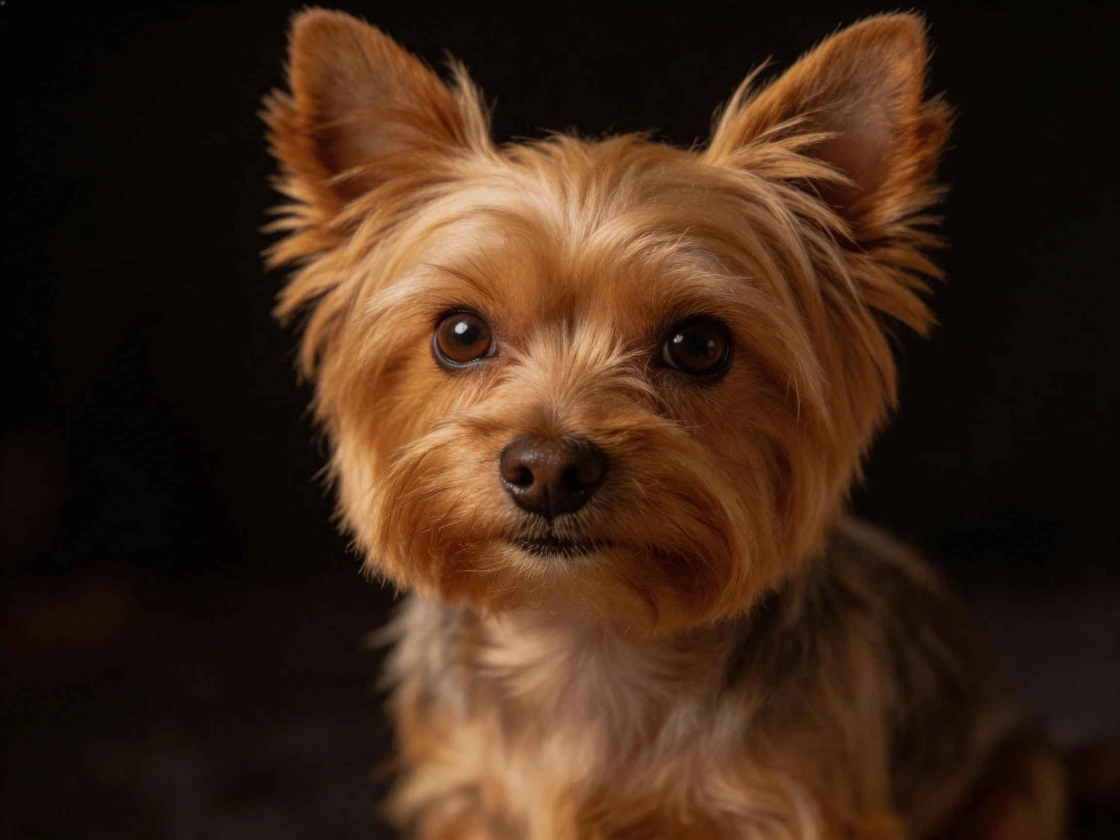 A small tan Yorkshire Terrier with upright ears and bright eyes
