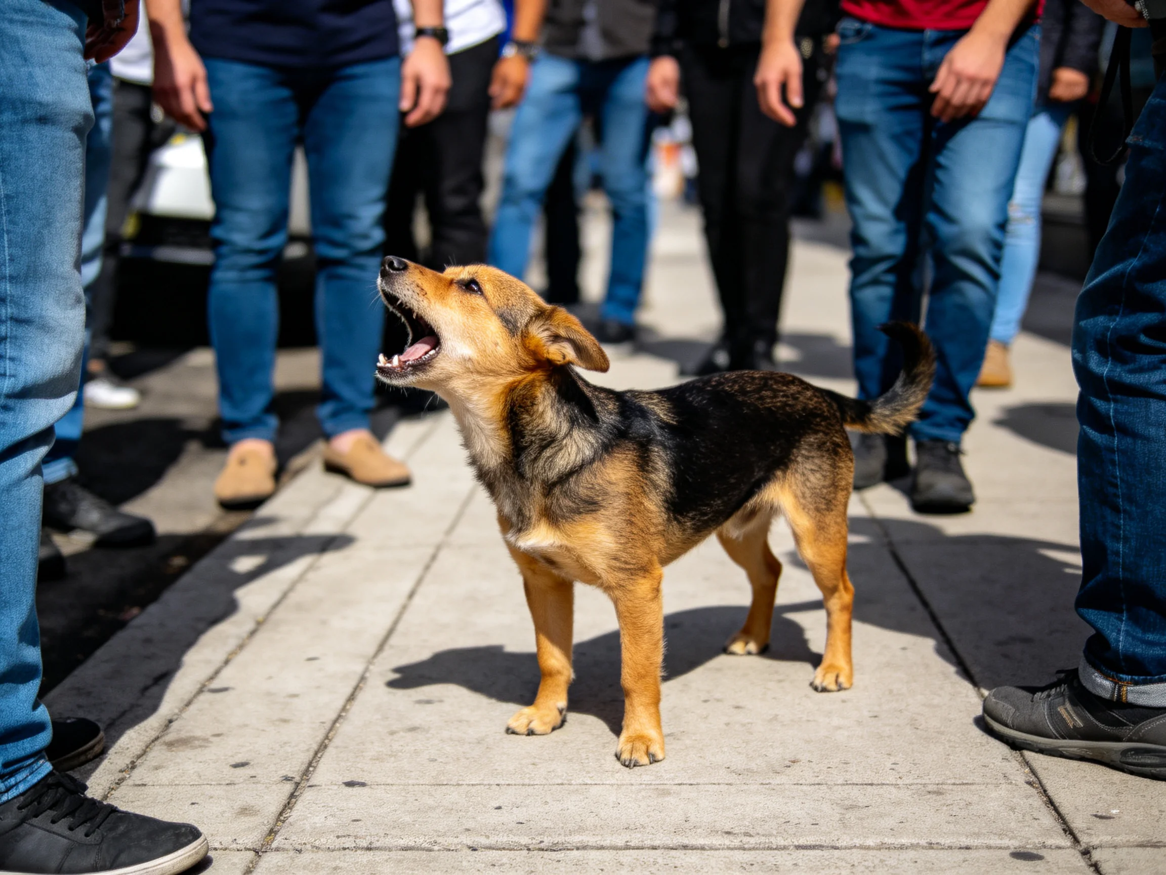 A small tan and black dog barks near a crowd of pedestrians