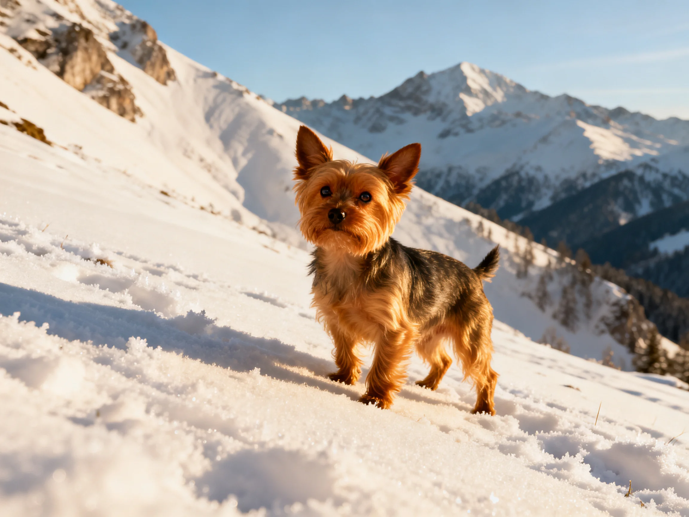 A small tan and black dog stands on a snow-covered mountain slope in an alpine setting.
