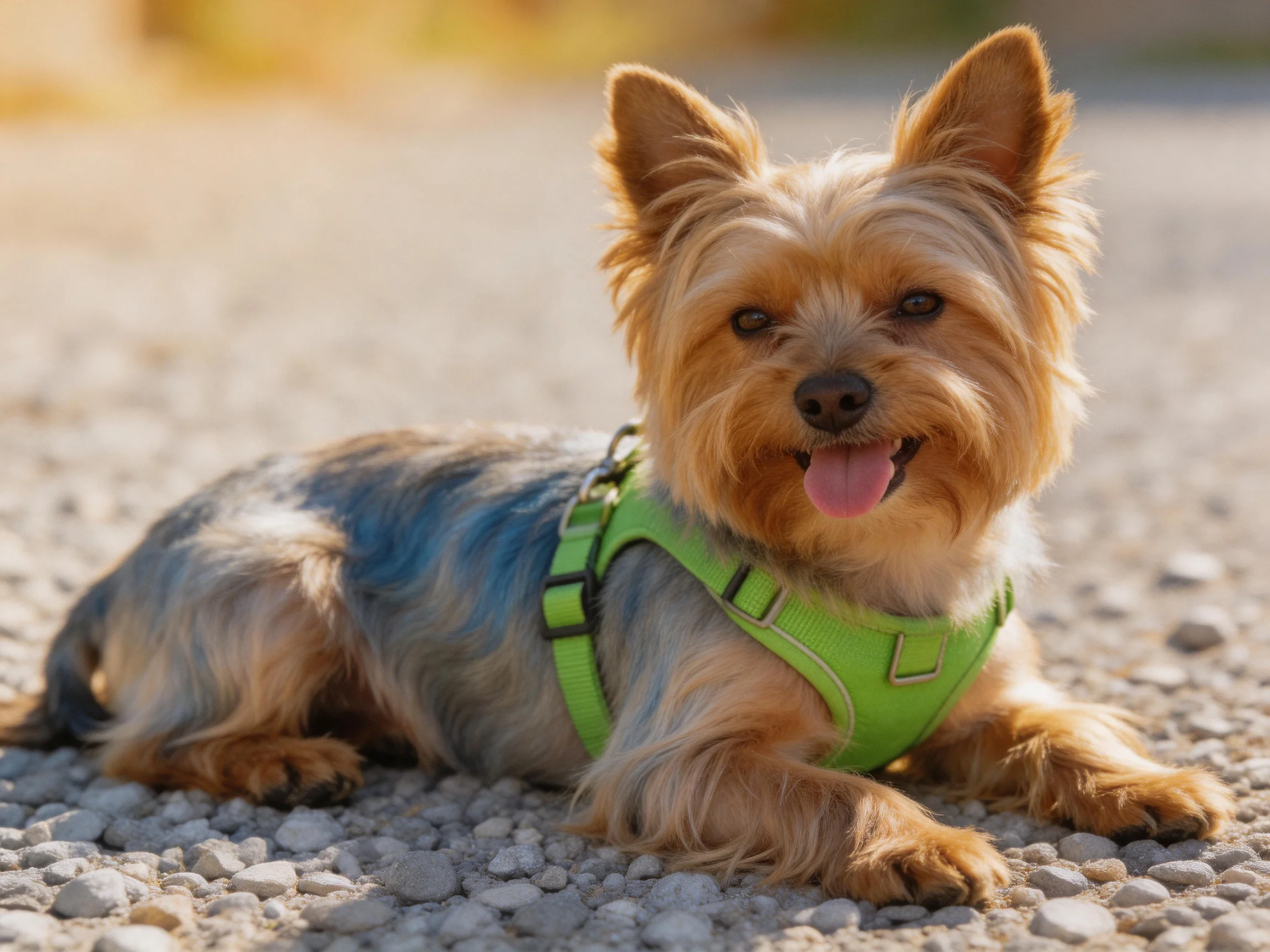 A small dog wearing a green harness relaxes on a gravel surface.