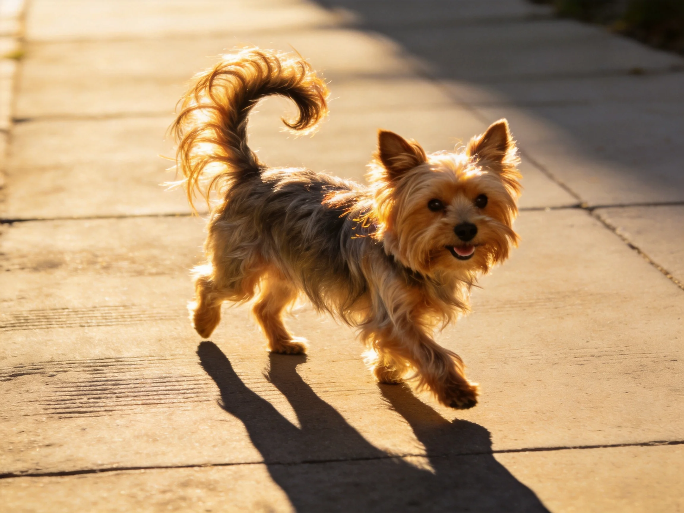A small tan and brown dog walking on a sunlit concrete sidewalk
