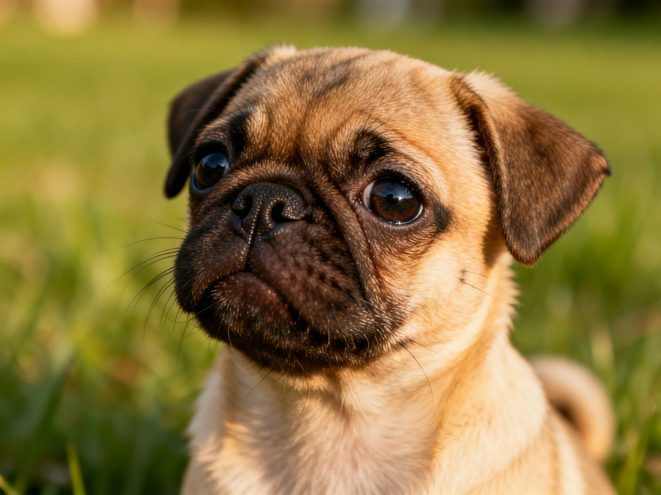 A small tan and brown pug puppy sitting in sunlit green grass