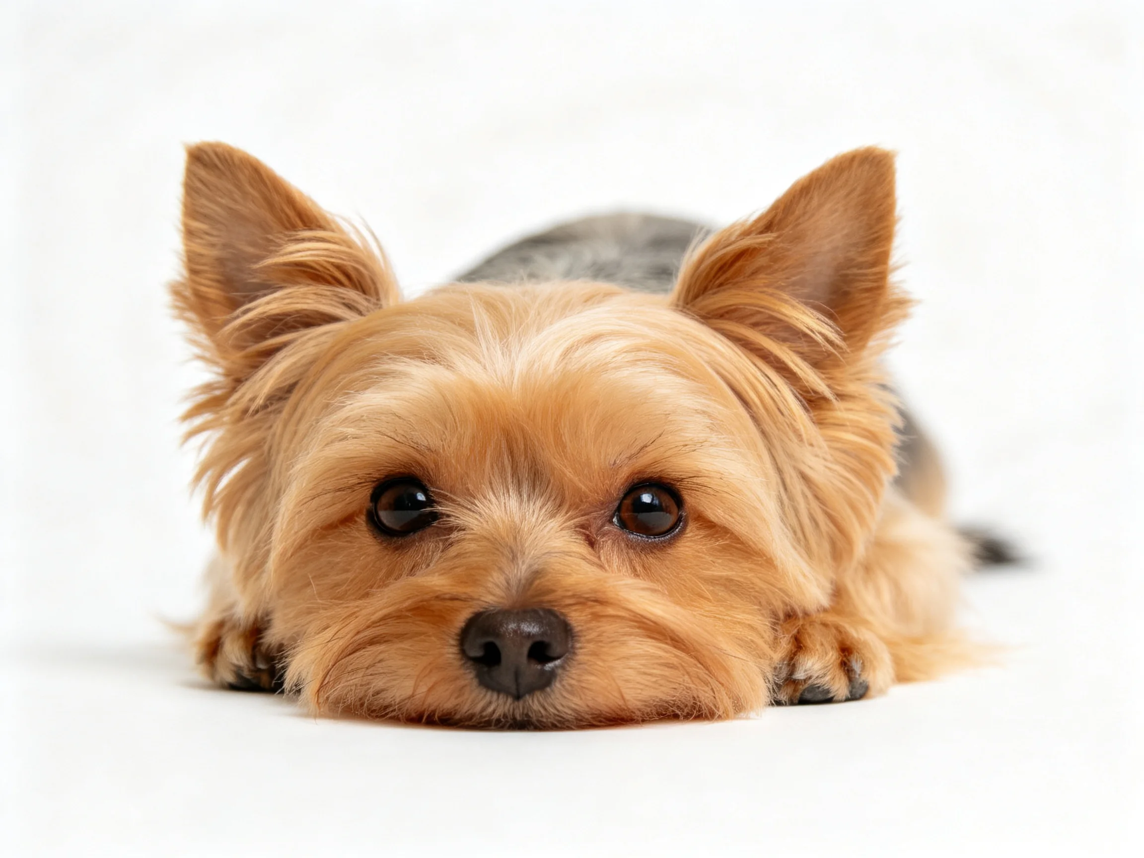 A small tan and gray Yorkshire Terrier rests on a white surface