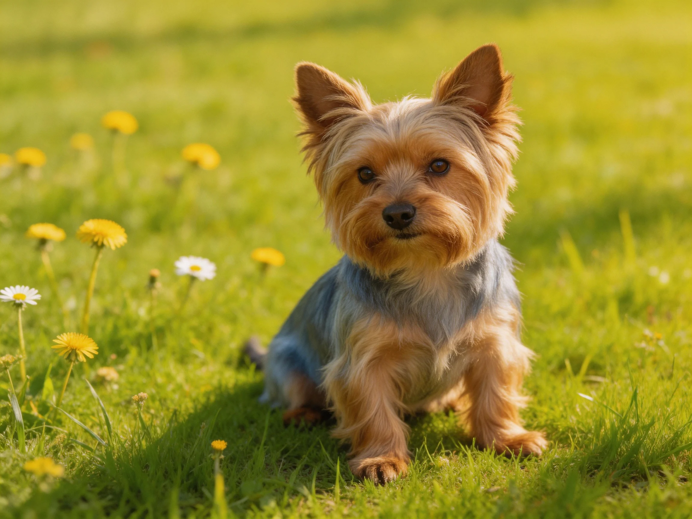 A small dog sits in a sunlit field with green grass and yellow flowers.
