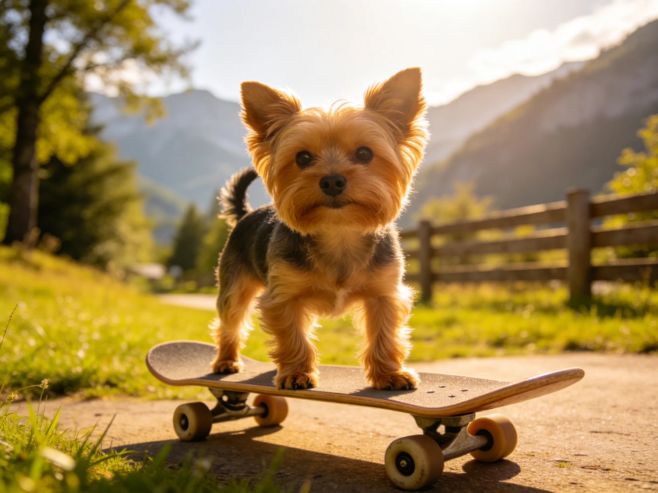 A small tan and gray dog rides a wooden skateboard near a fence