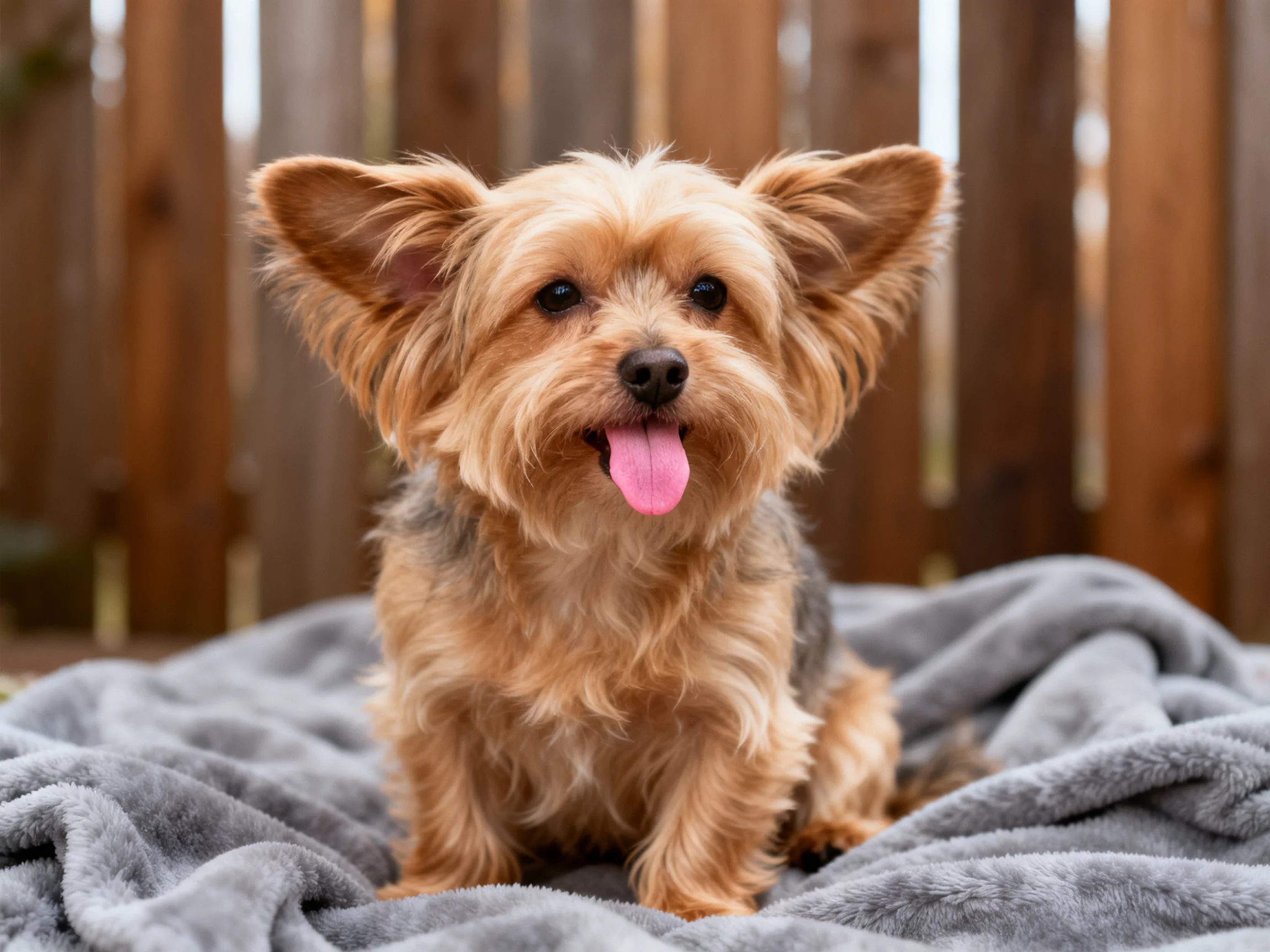 A small dog with tan and gray fur rests on a gray blanket beside a wooden fence.
