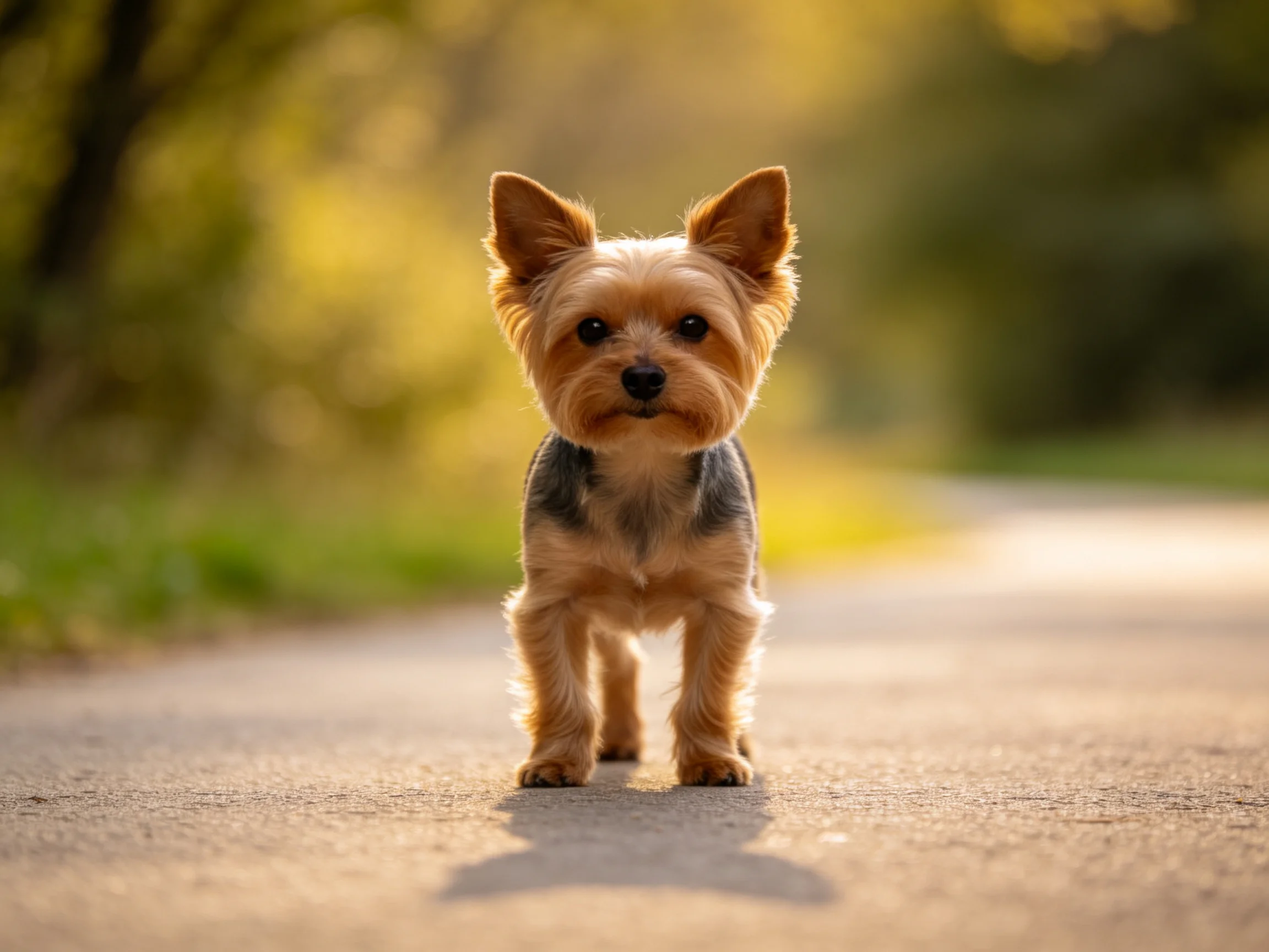 A small tan and gray dog stands centered on a sunlit path
