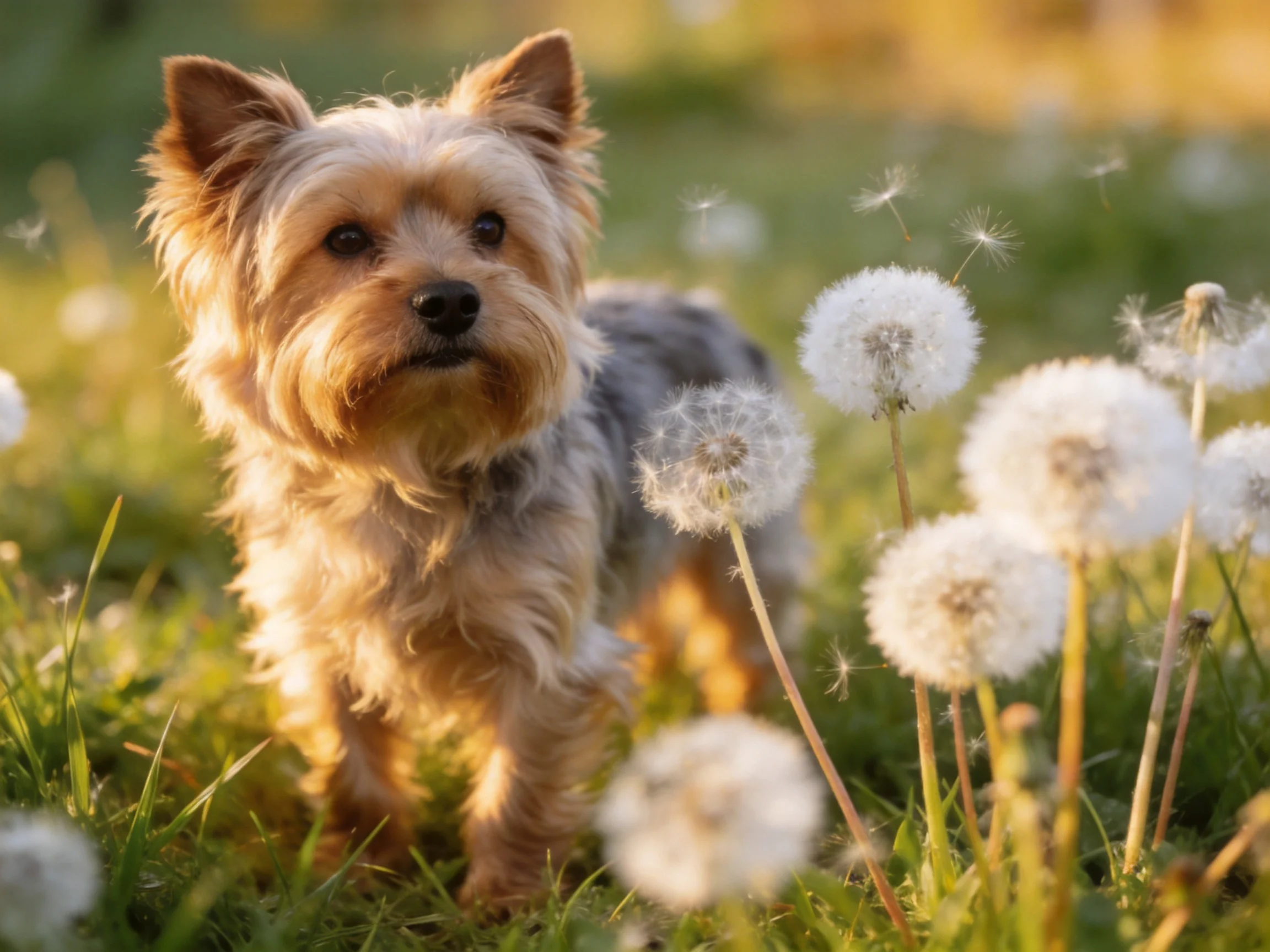 A small dog stands among dandelions in a sunlit grassy area.