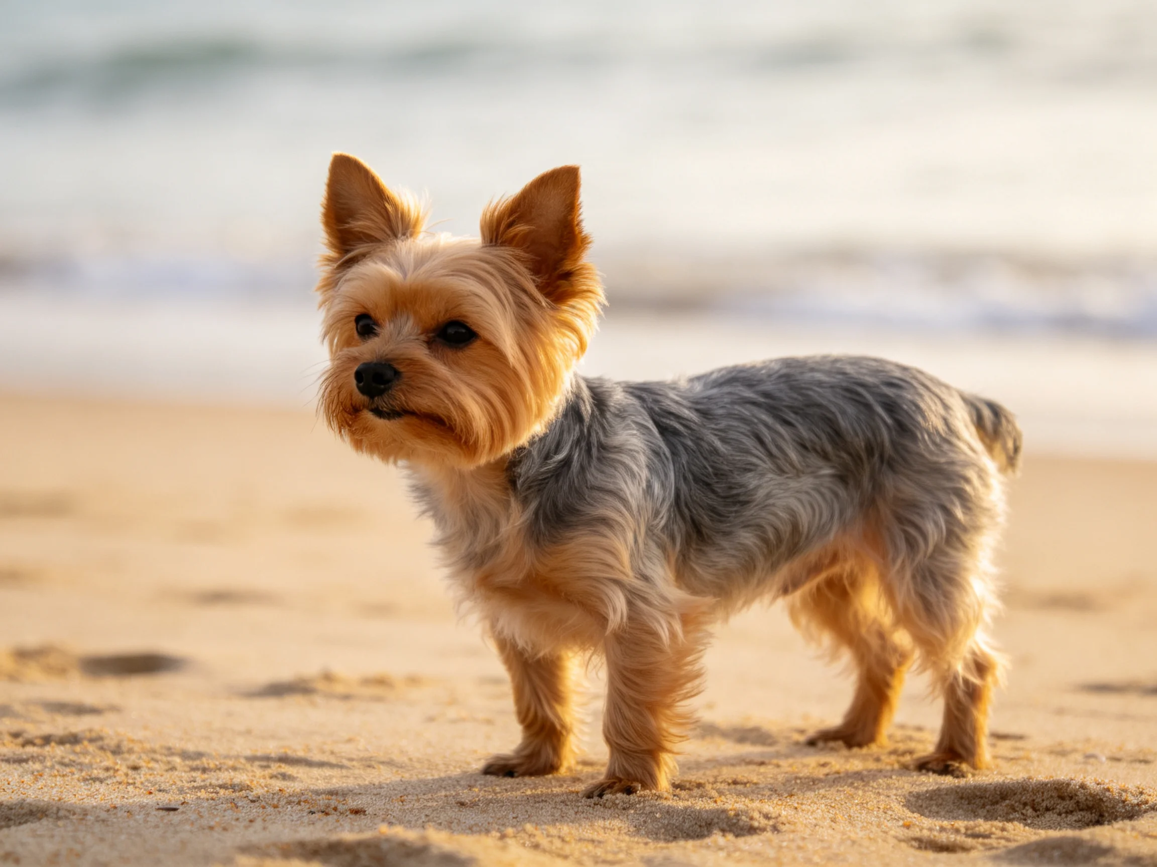 A small dog with tan and gray fur stands on a sandy beach near the ocean.