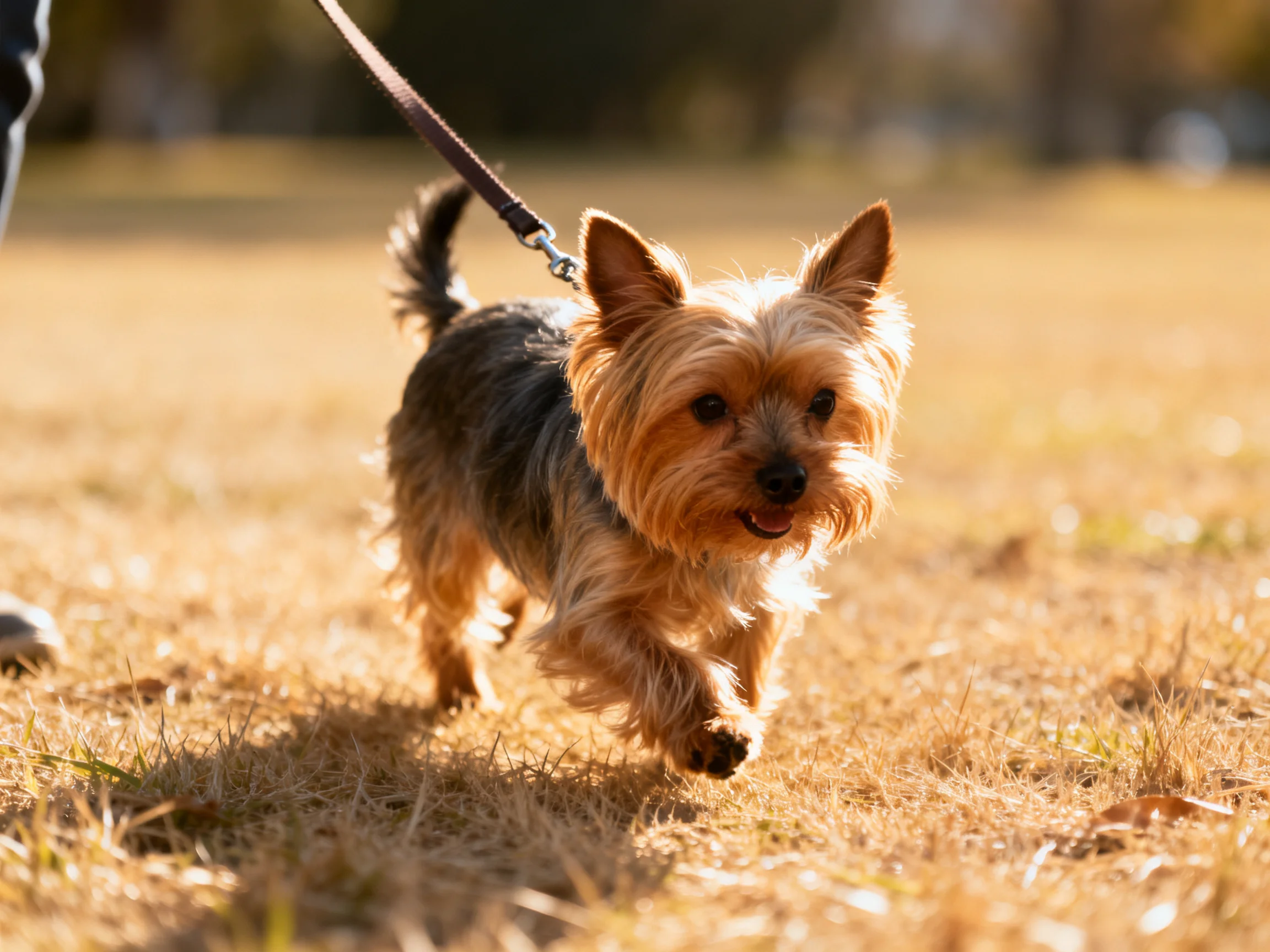 A small dog on a leash moves through a sunlit grassy area.