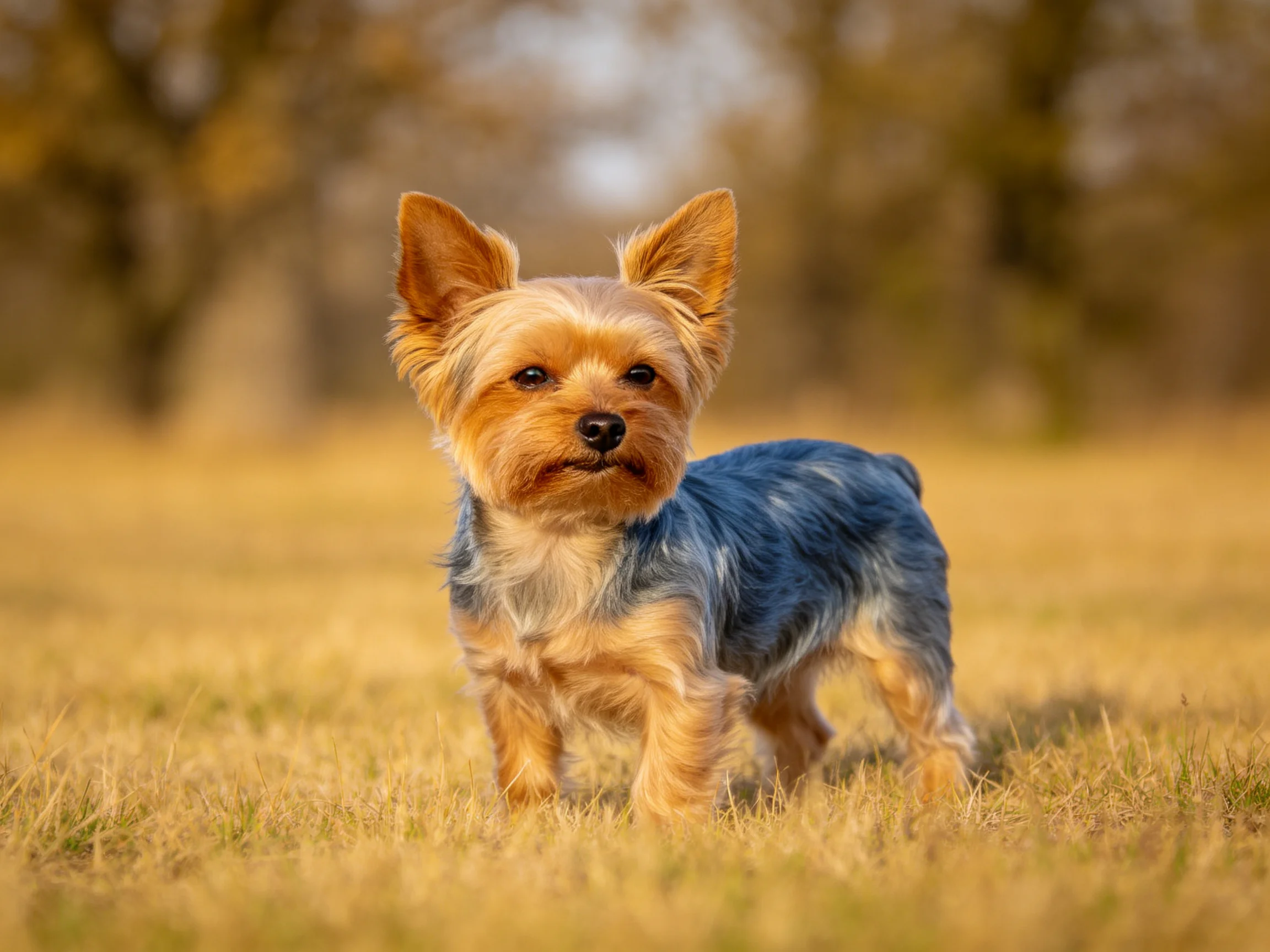 A small tan and gray terrier stands in a sunlit golden field