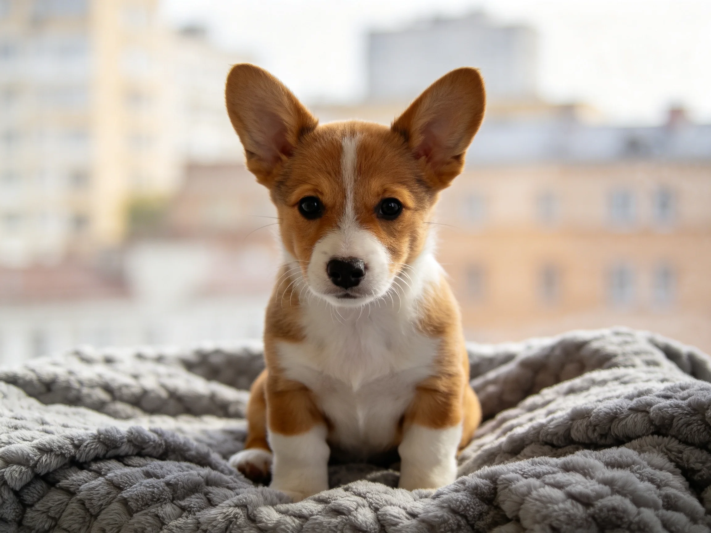 A small tan and white corgi puppy sits on a thick gray blanket by a window