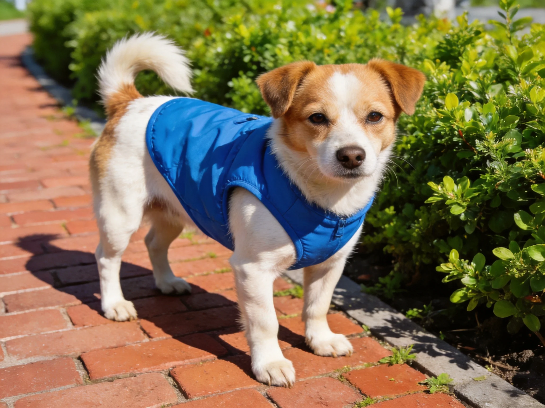 A small dog in a blue vest stands on a brick path near greenery.