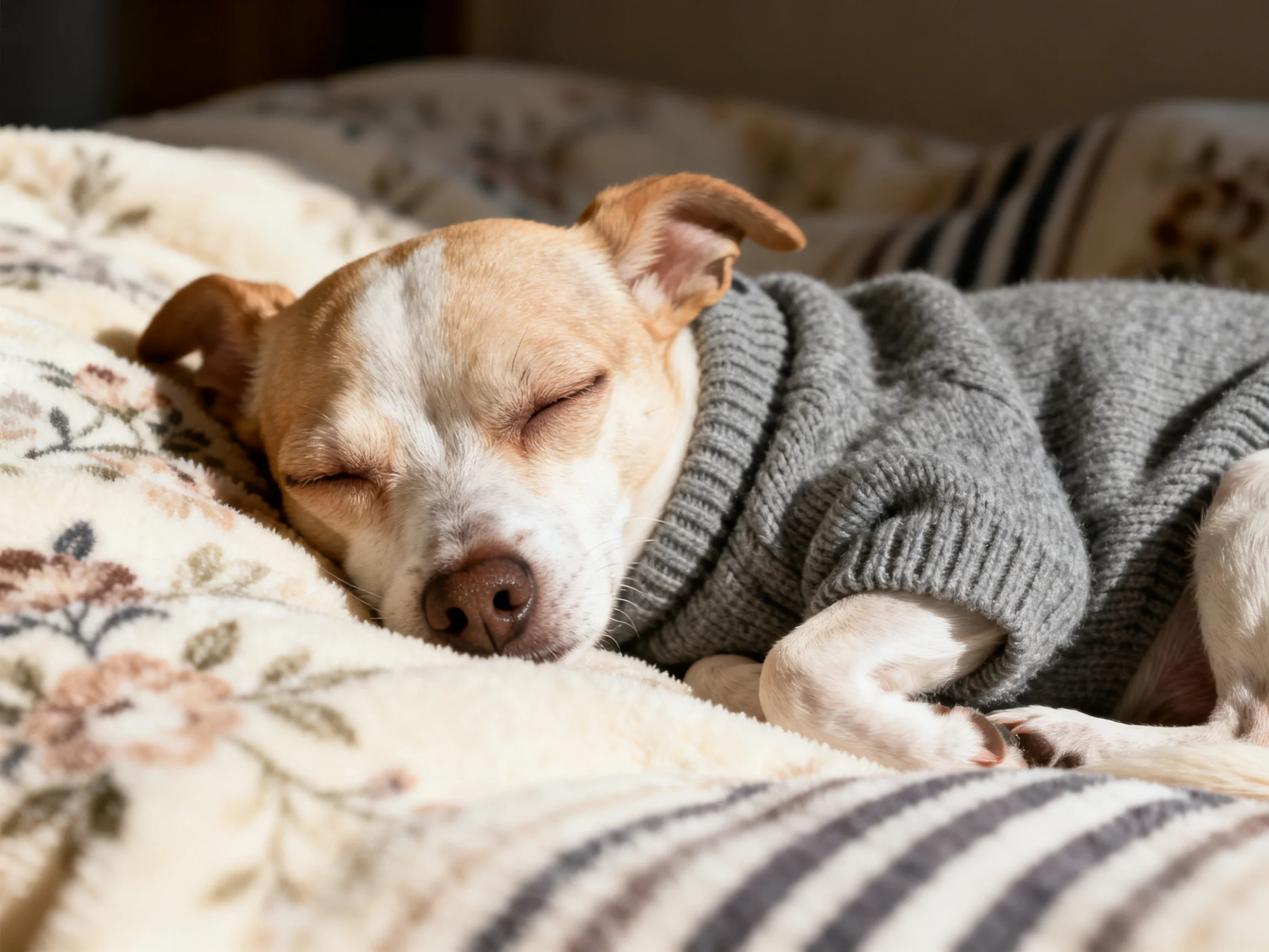 A small dog in a gray sweater sleeps on a floral blanket.