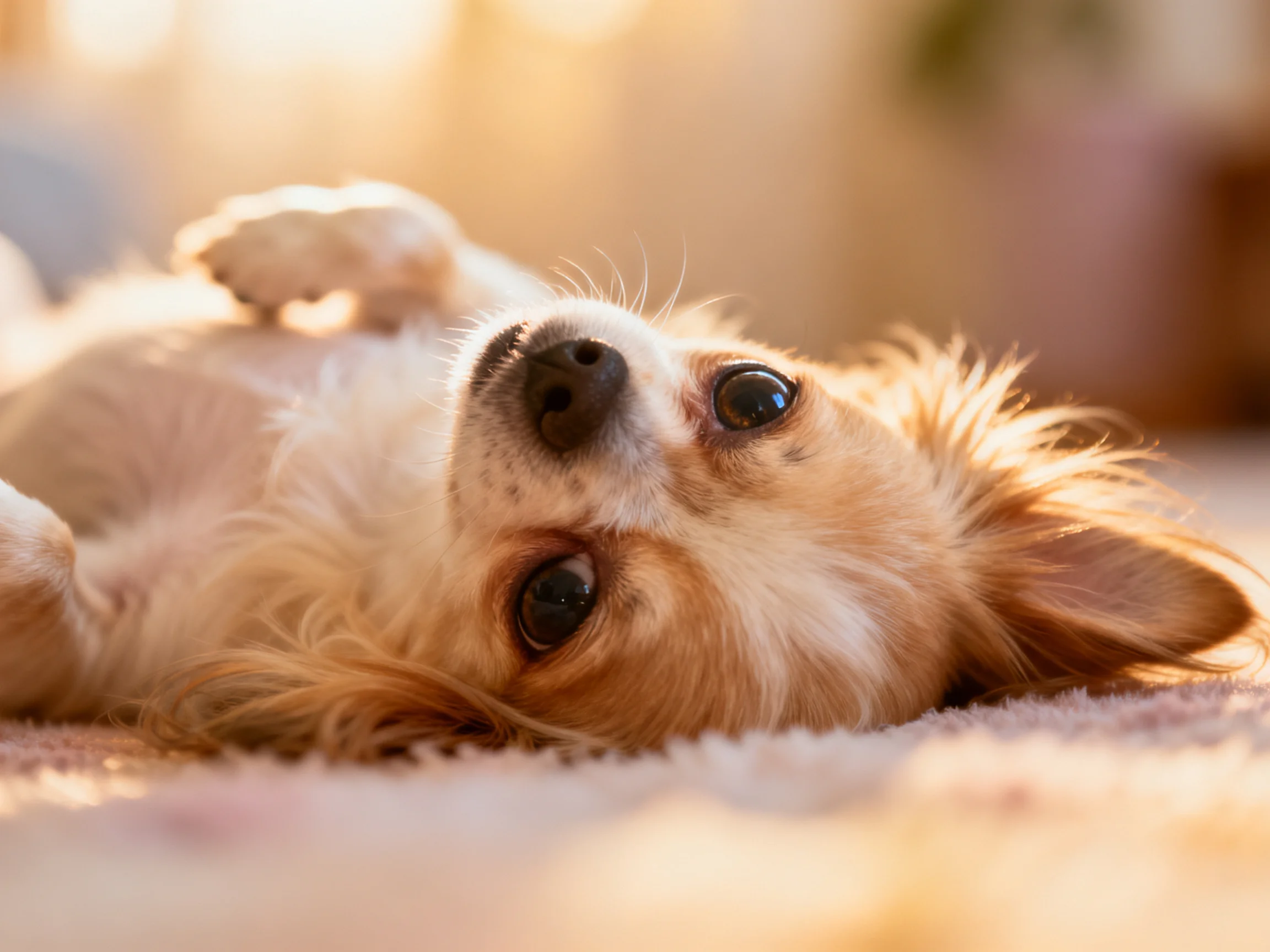 A small tan and white dog relaxes on a plush carpet in warm lighting