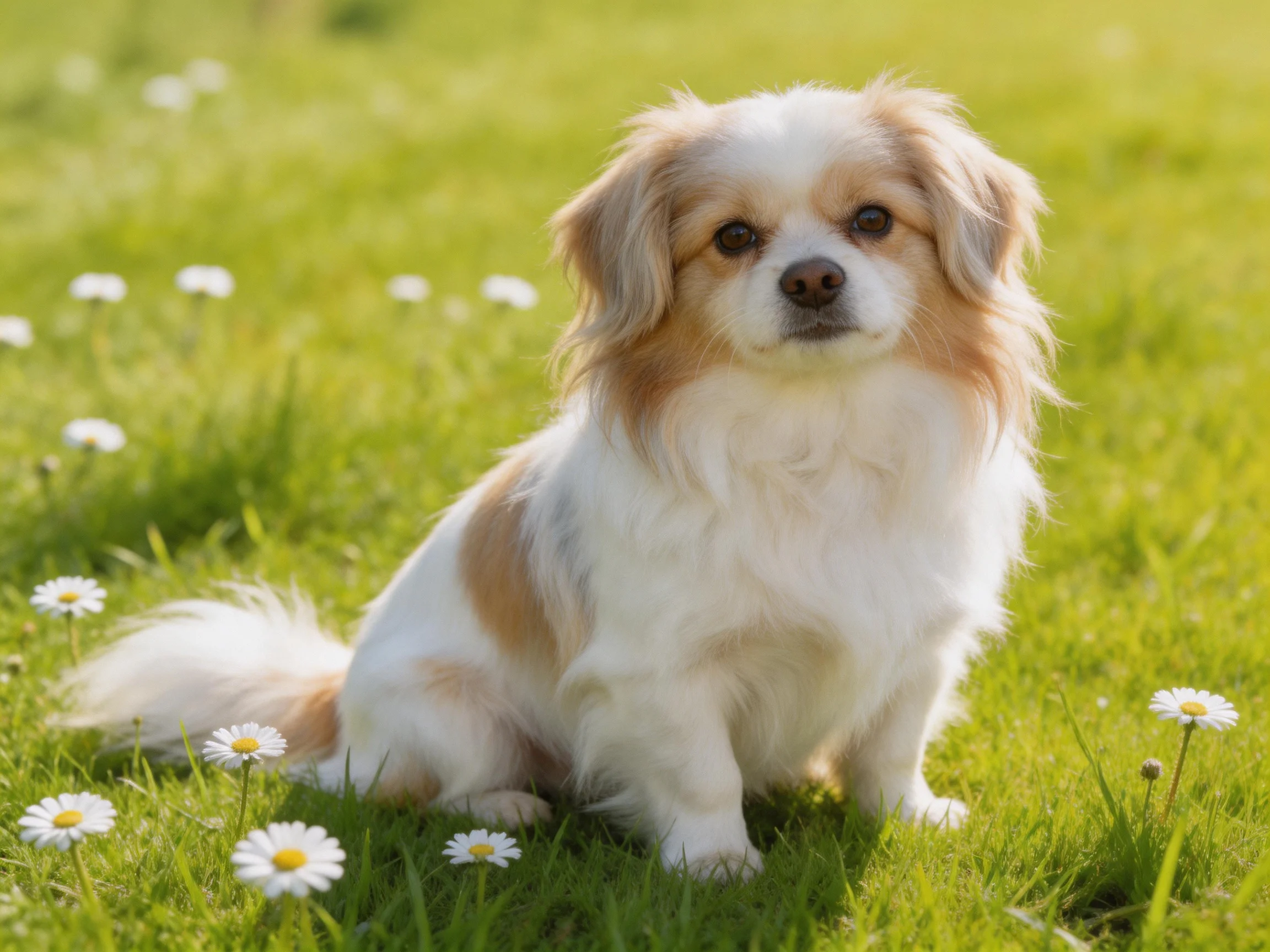A tan-and-white dog sits calmly among daisies in a sunlit grassy area.