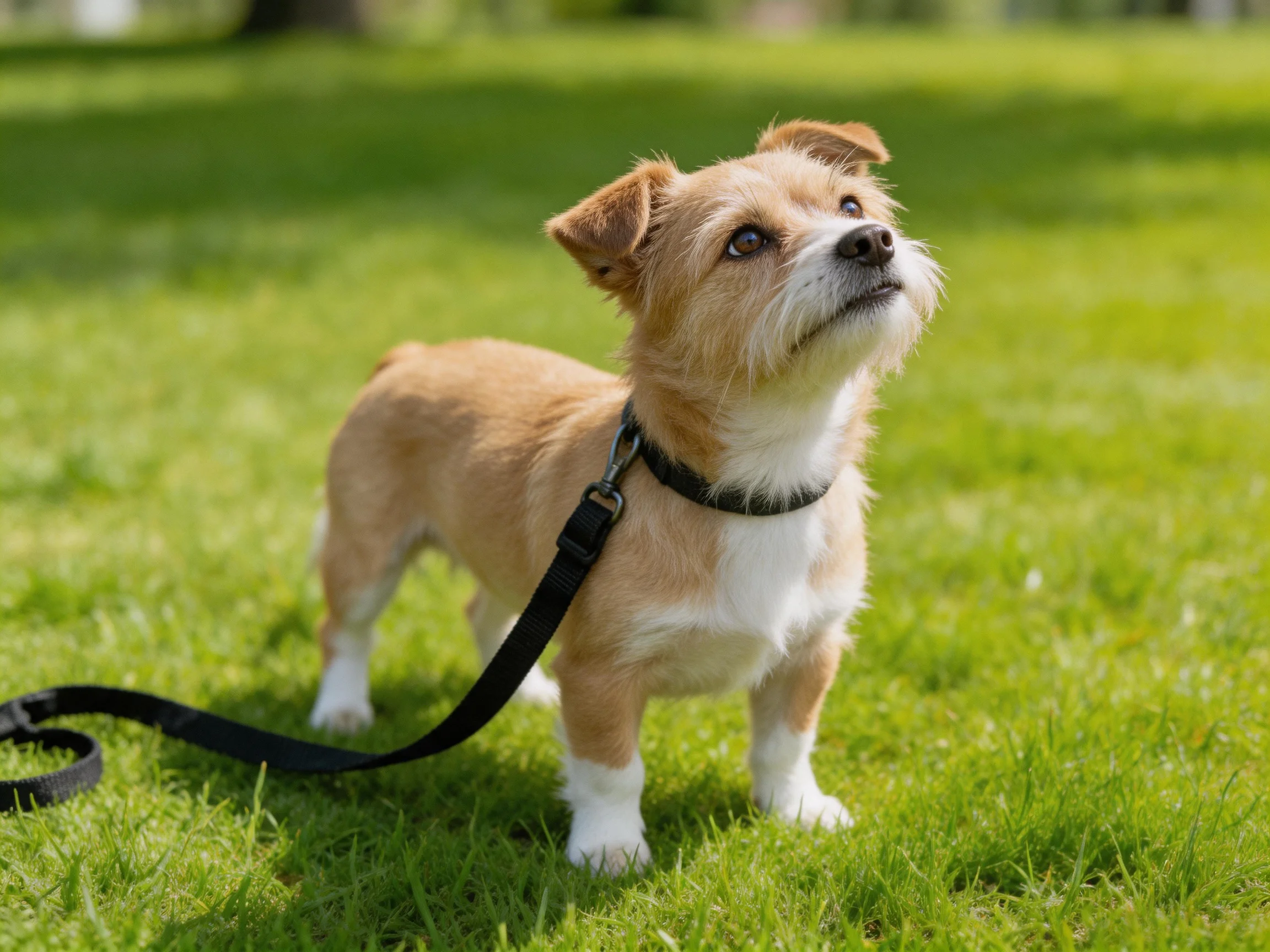 A small tan and white dog stands alert on green grass with a leash attached.