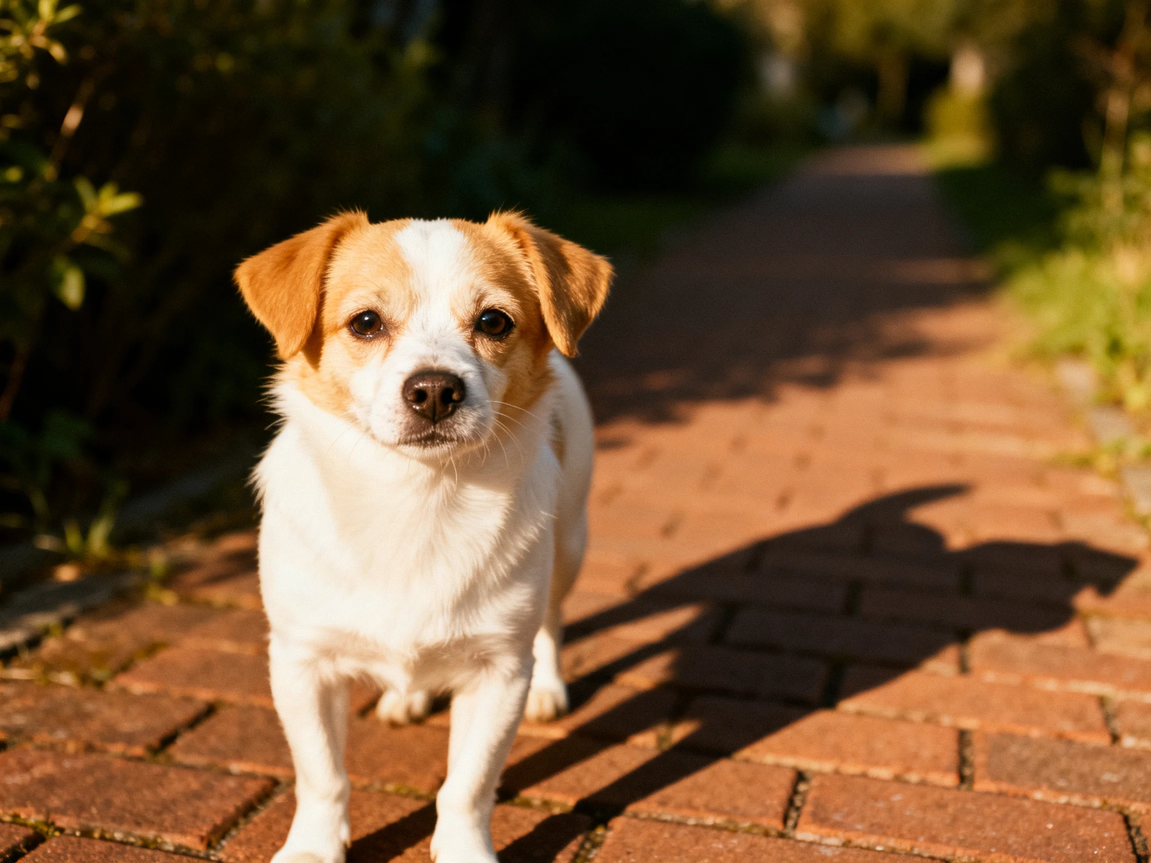 A small tan-and-white dog stands on a brick pathway in bright sunlight.
