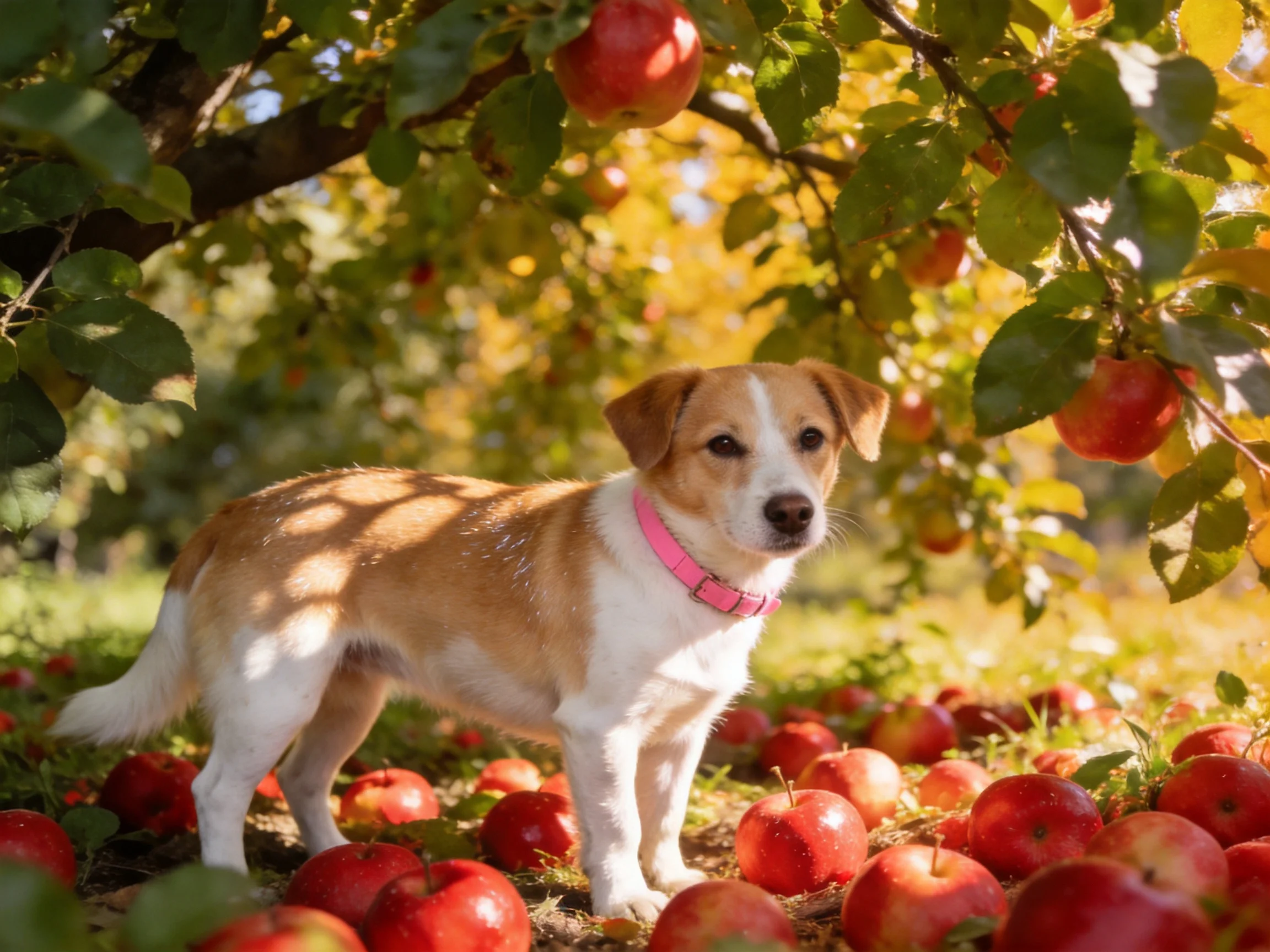 A small dog with a pink collar stands amid fallen red apples in an orchard.