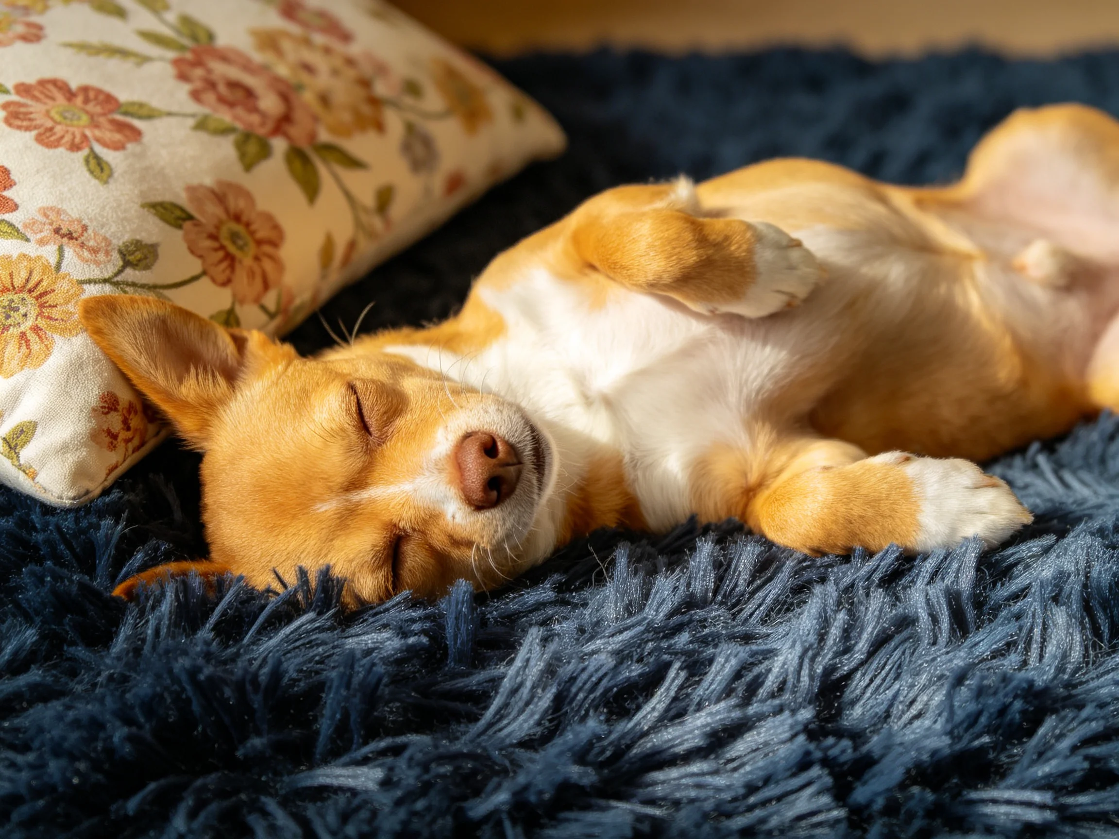 A small tan and white puppy sleeps on a dark blue shaggy blanket by a floral pillow