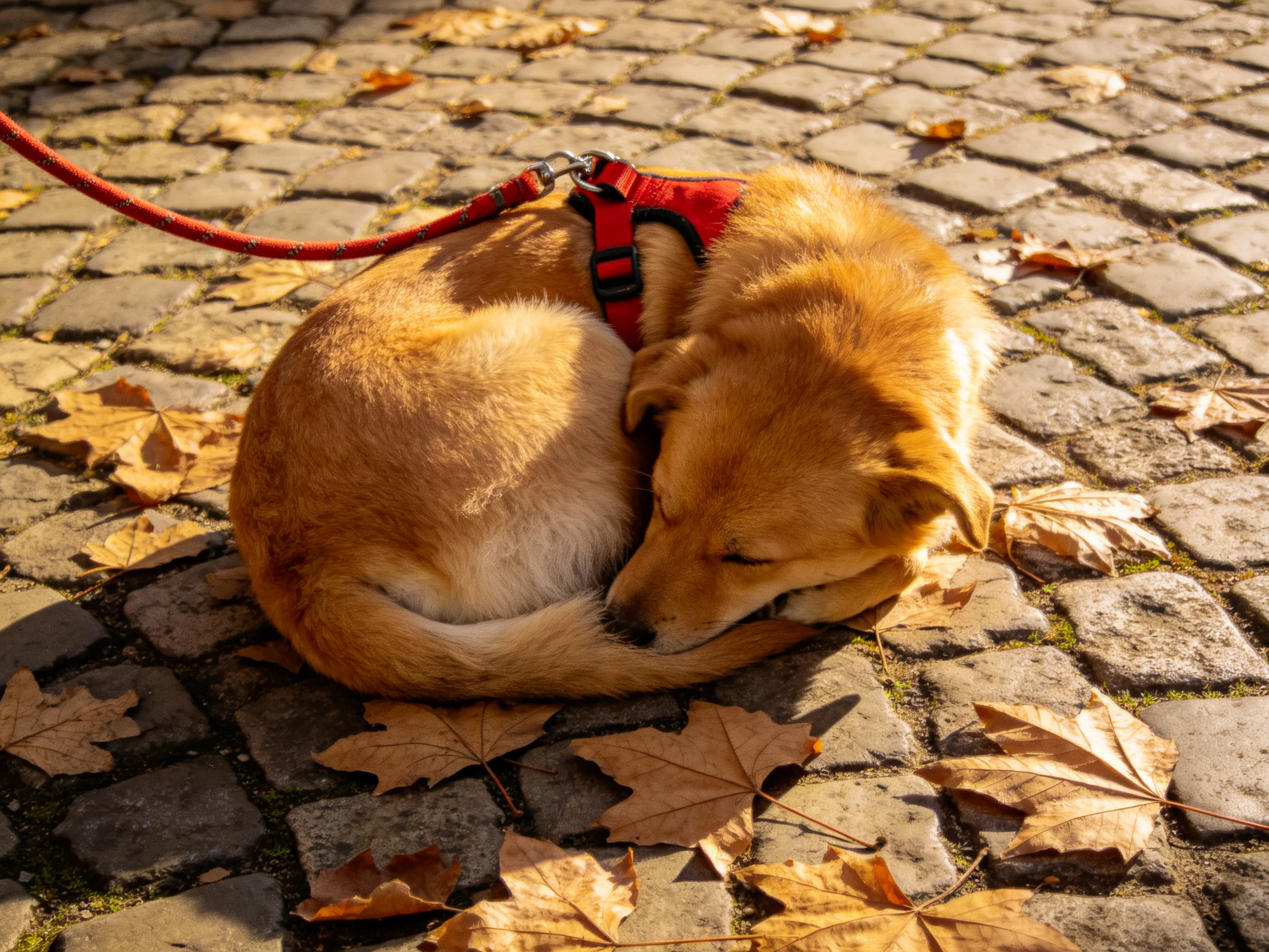A small tan dog curls on a cobblestone path amid brown fallen leaves