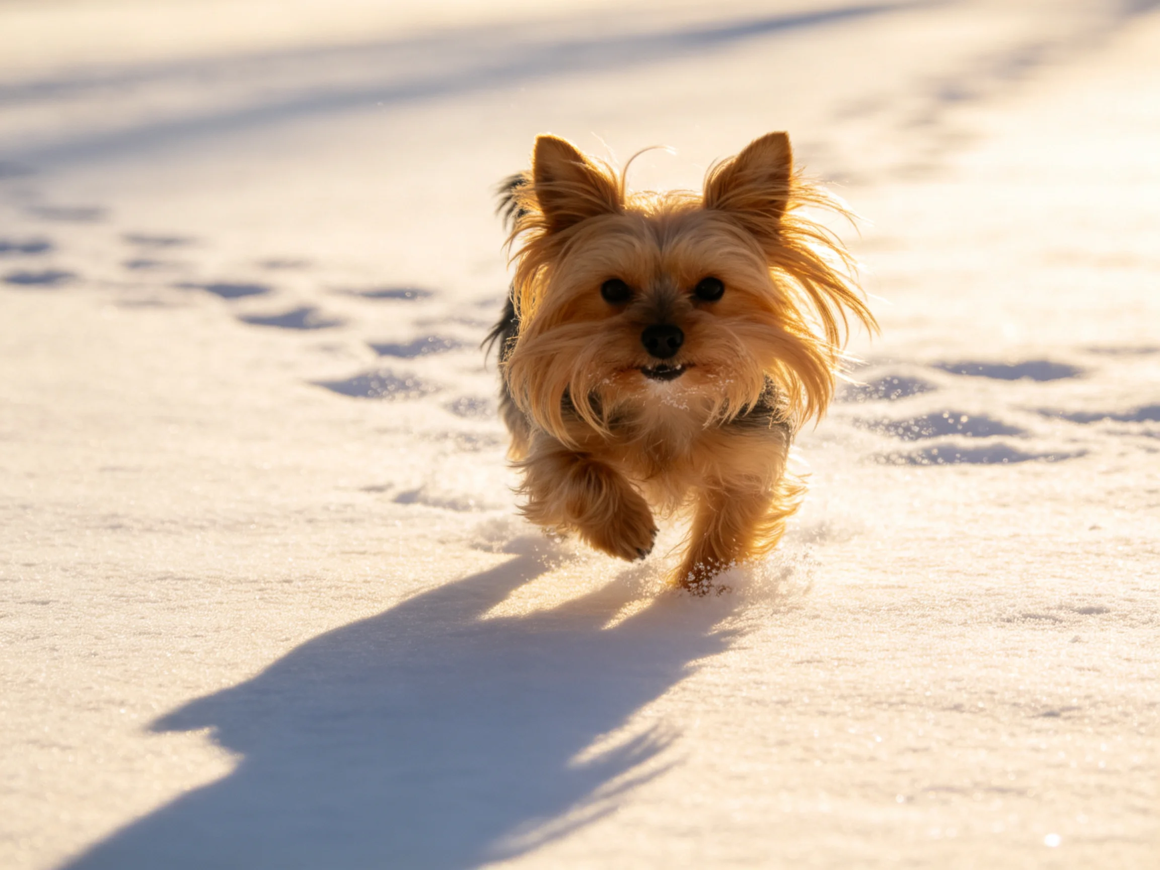 A small tan dog dashes through glistening snow