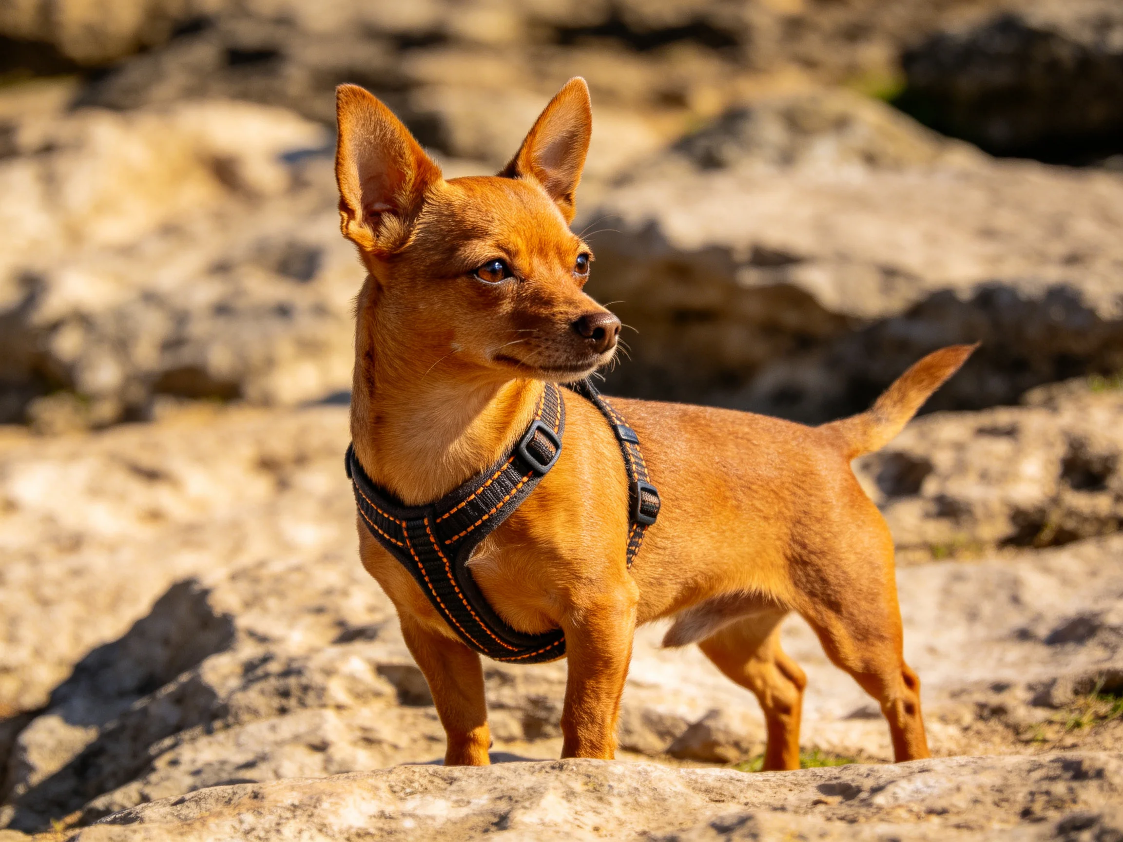 A small tan dog in a black harness stands on rocky terrain