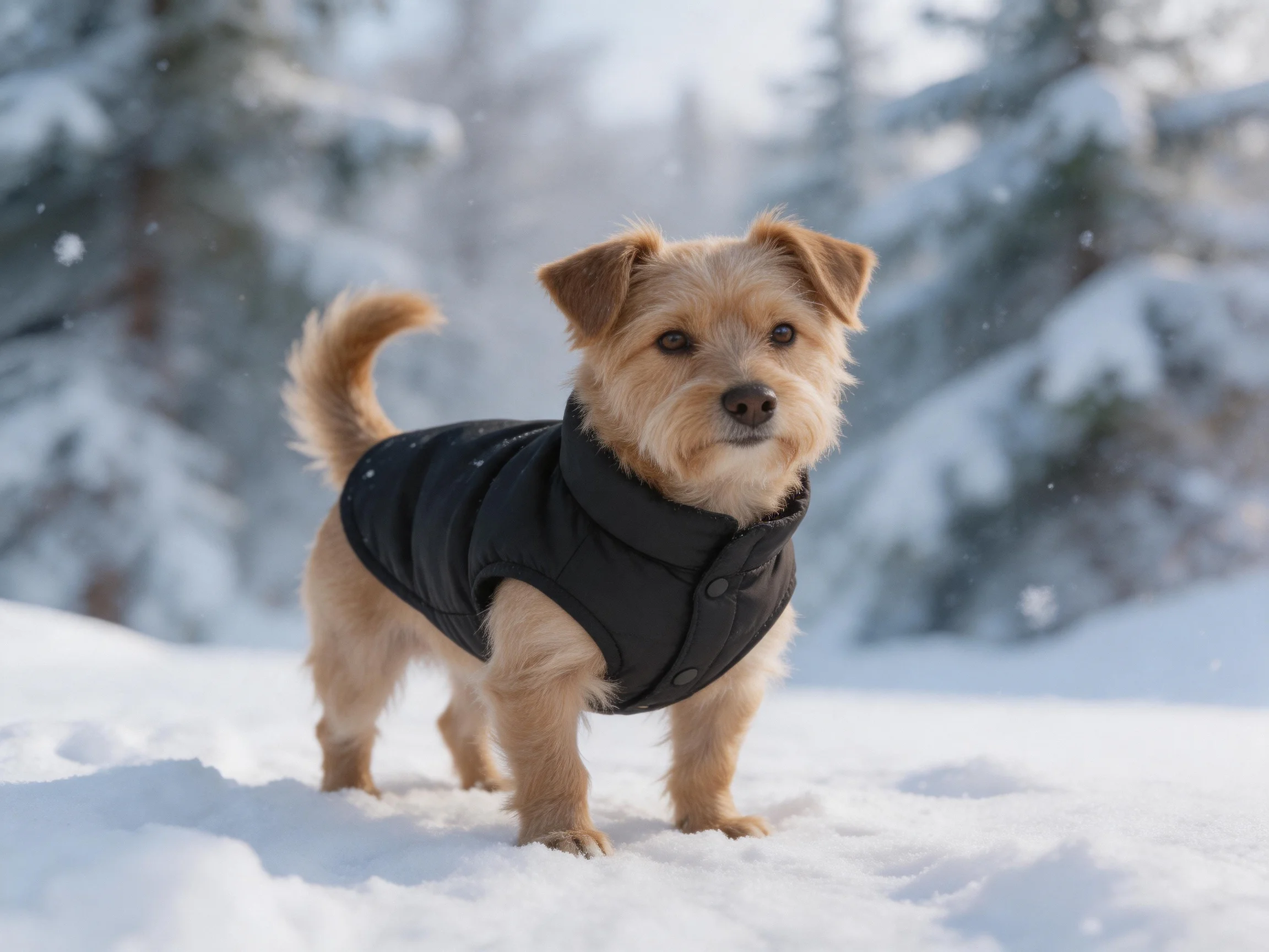 A small tan dog in a black winter vest stands on snow-laden ground