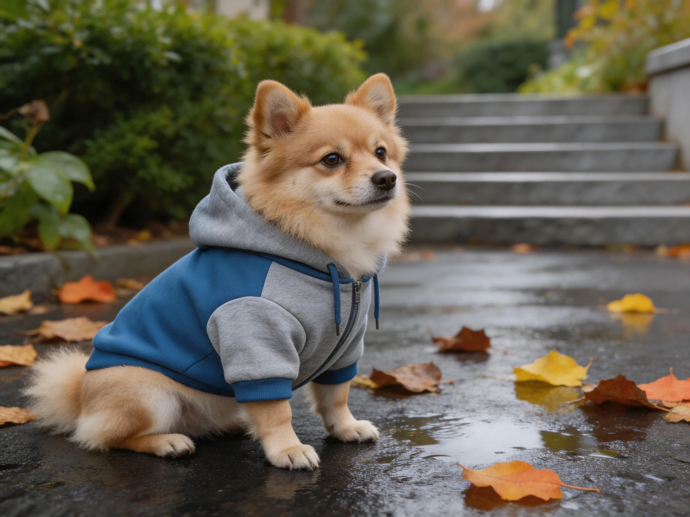 A small tan dog in a blue-gray hoodie sits amid autumn leaves on a wet path.