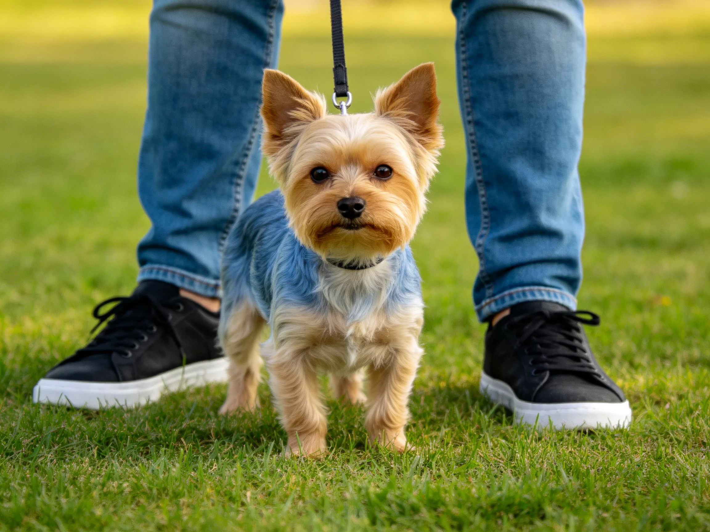 A small tan dog in a blue sweater stands between blue jeans and black sneakers