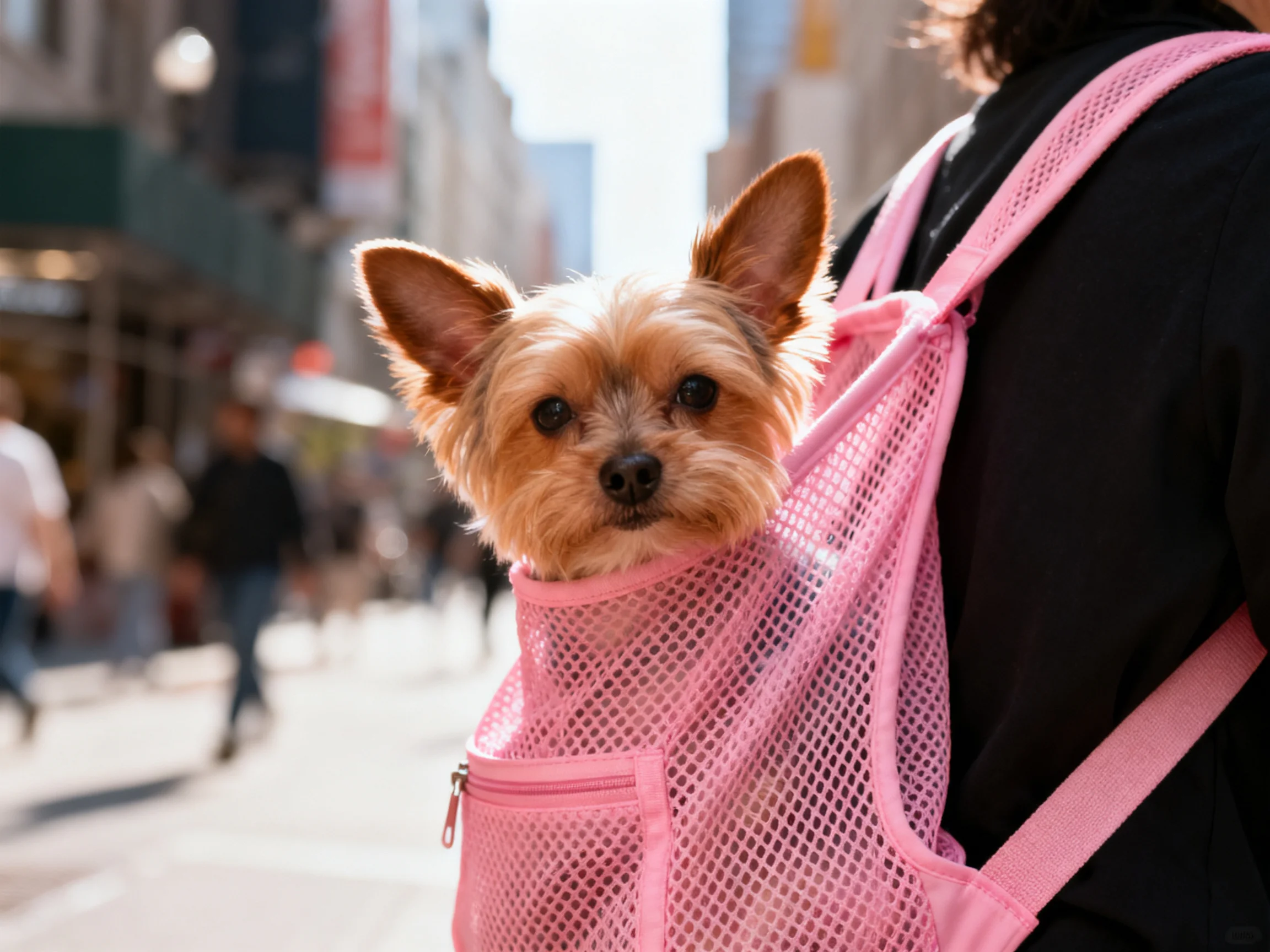 A small tan dog in a pink mesh carrier on a busy city street