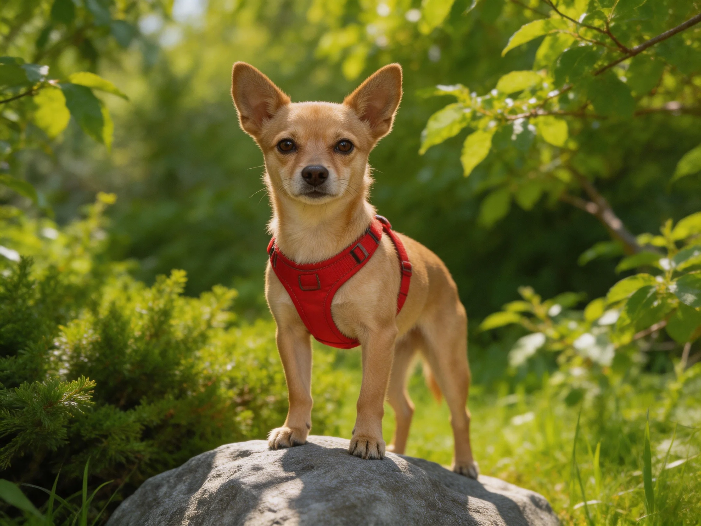 A small tan dog wearing a red harness stands on a gray rock in a sunlit, green environment.