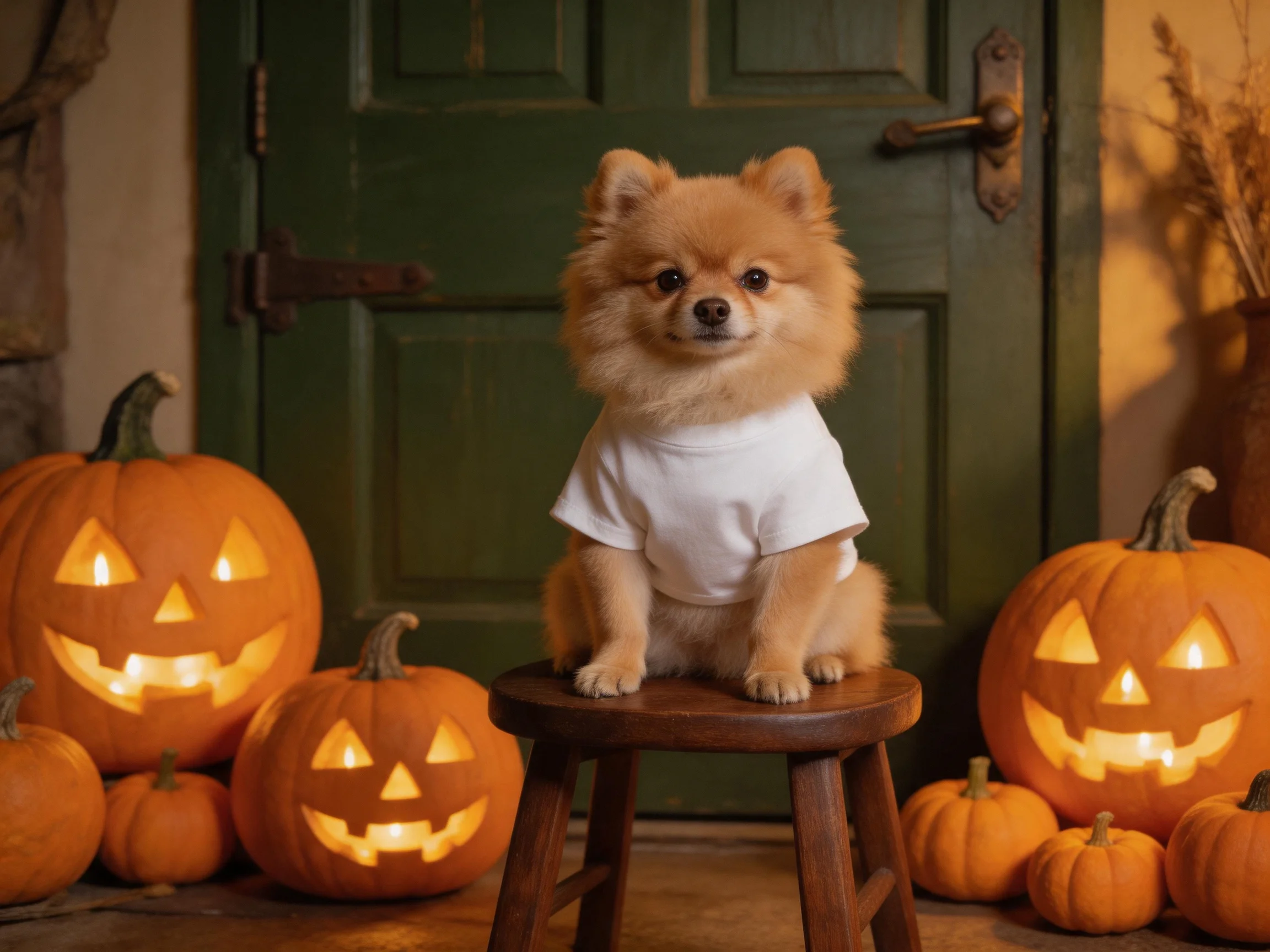 A small tan dog in a white shirt sits among glowing orange jack-o’-lanterns near a green door