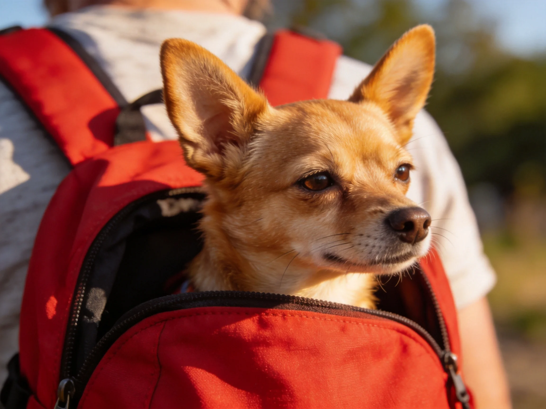 A small tan dog sits inside a red backpack carried by someone outdoors.