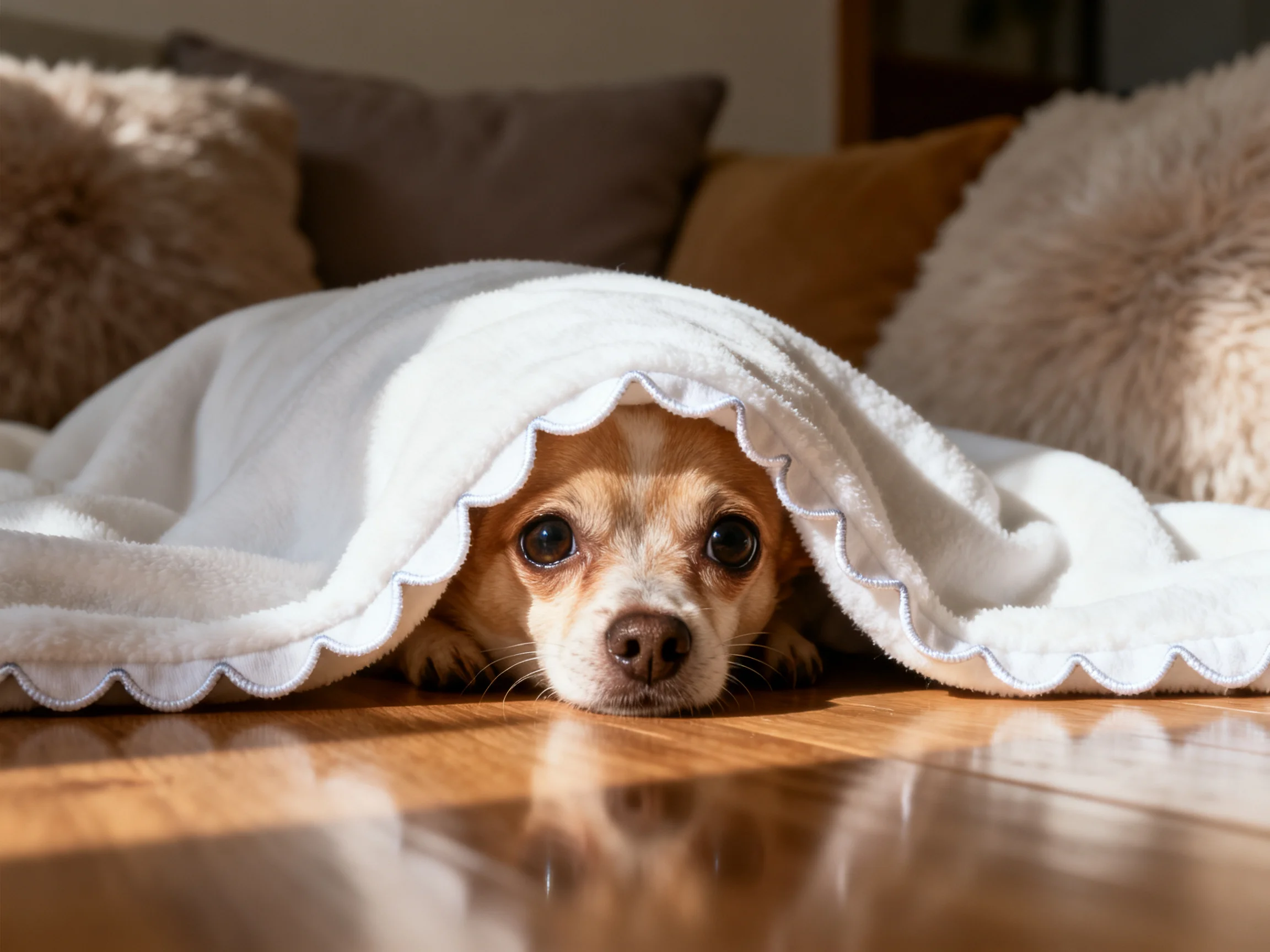 A small tan dog peeks out from a white towel on a wooden floor