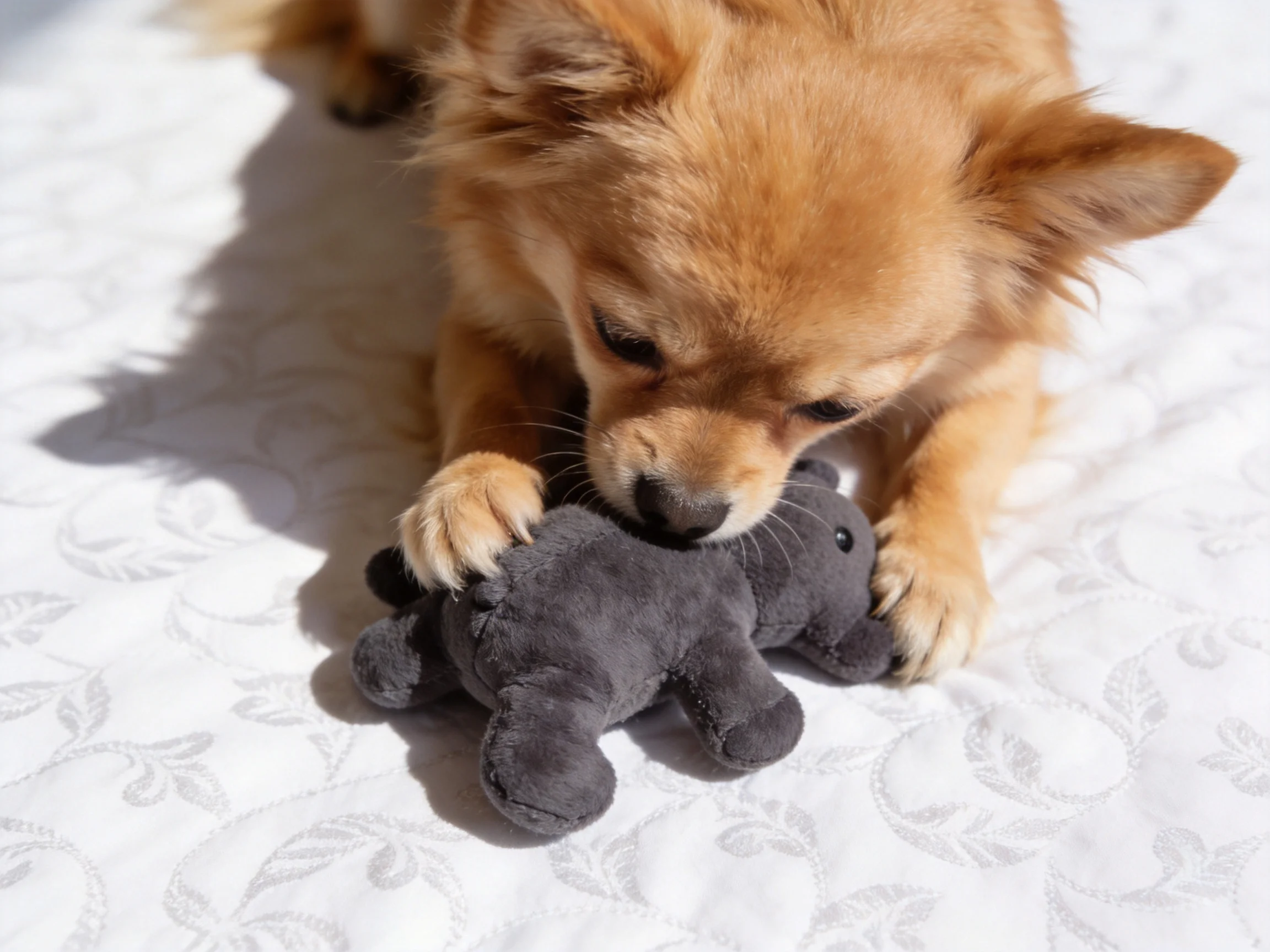 A small tan dog plays with a gray plush toy on a white patterned fabric