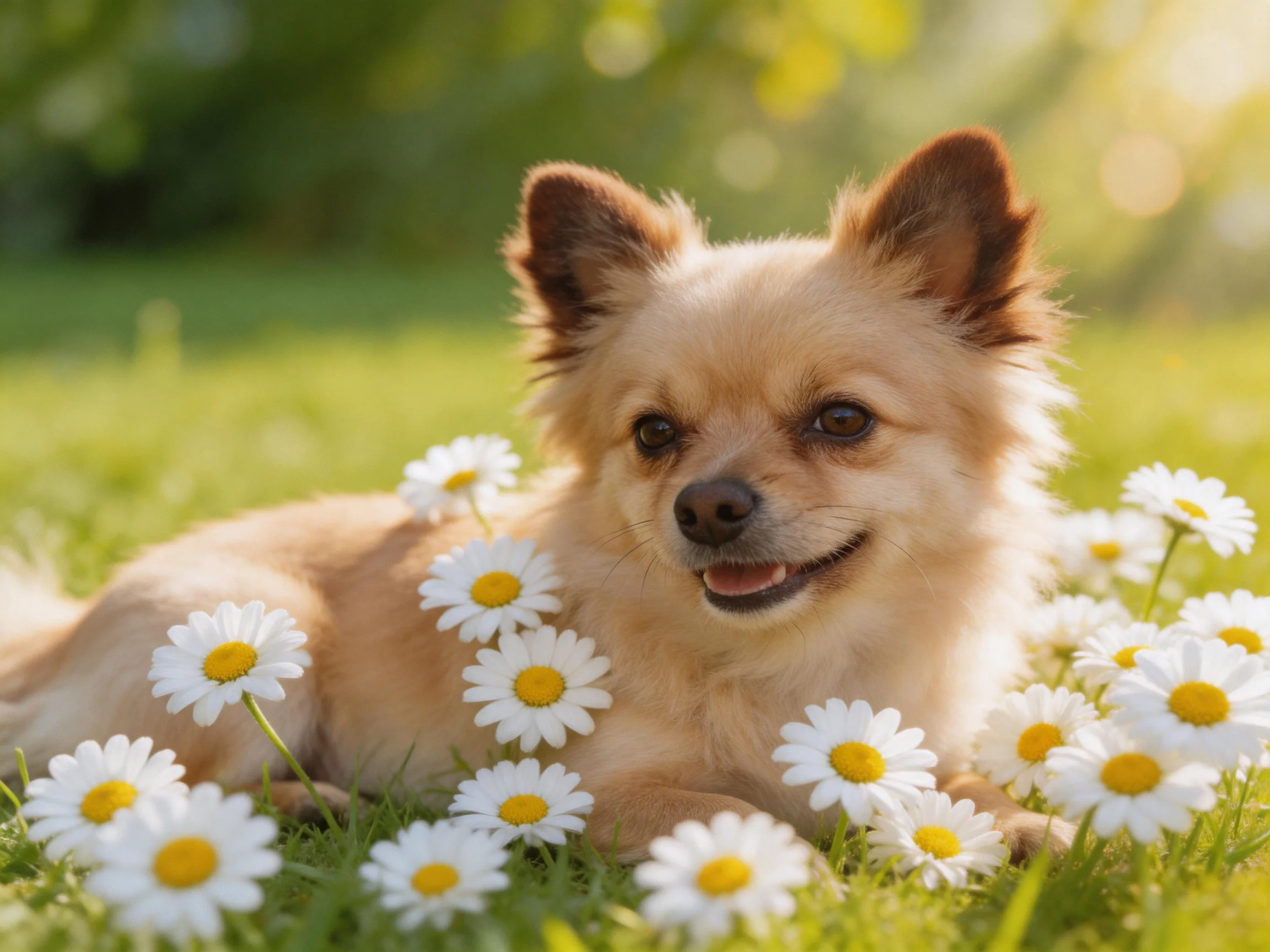 A tan dog relaxes among many white daisies in a sunlit outdoor space.