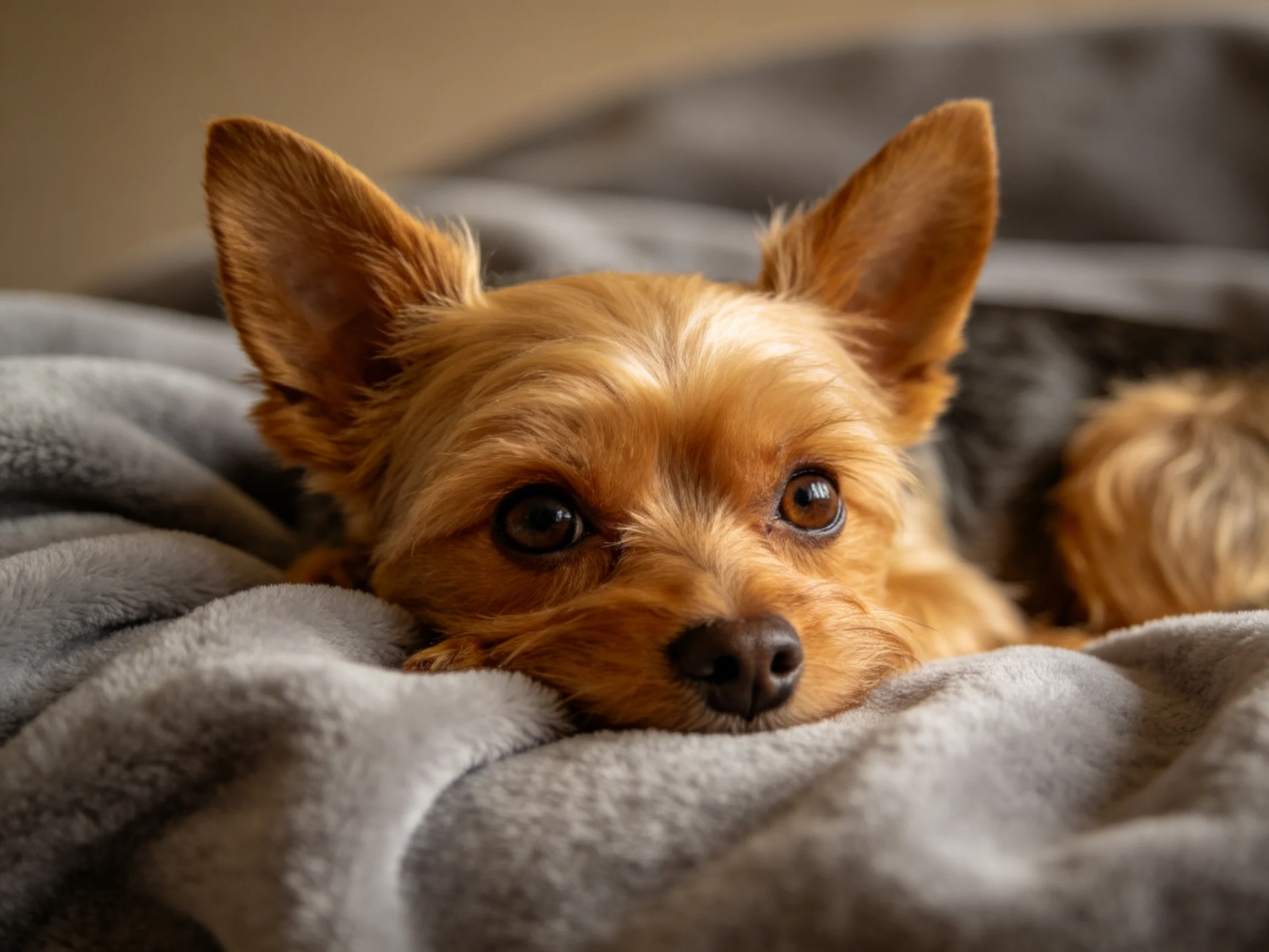 A small tan dog rests on a plush gray blanket with upright ears