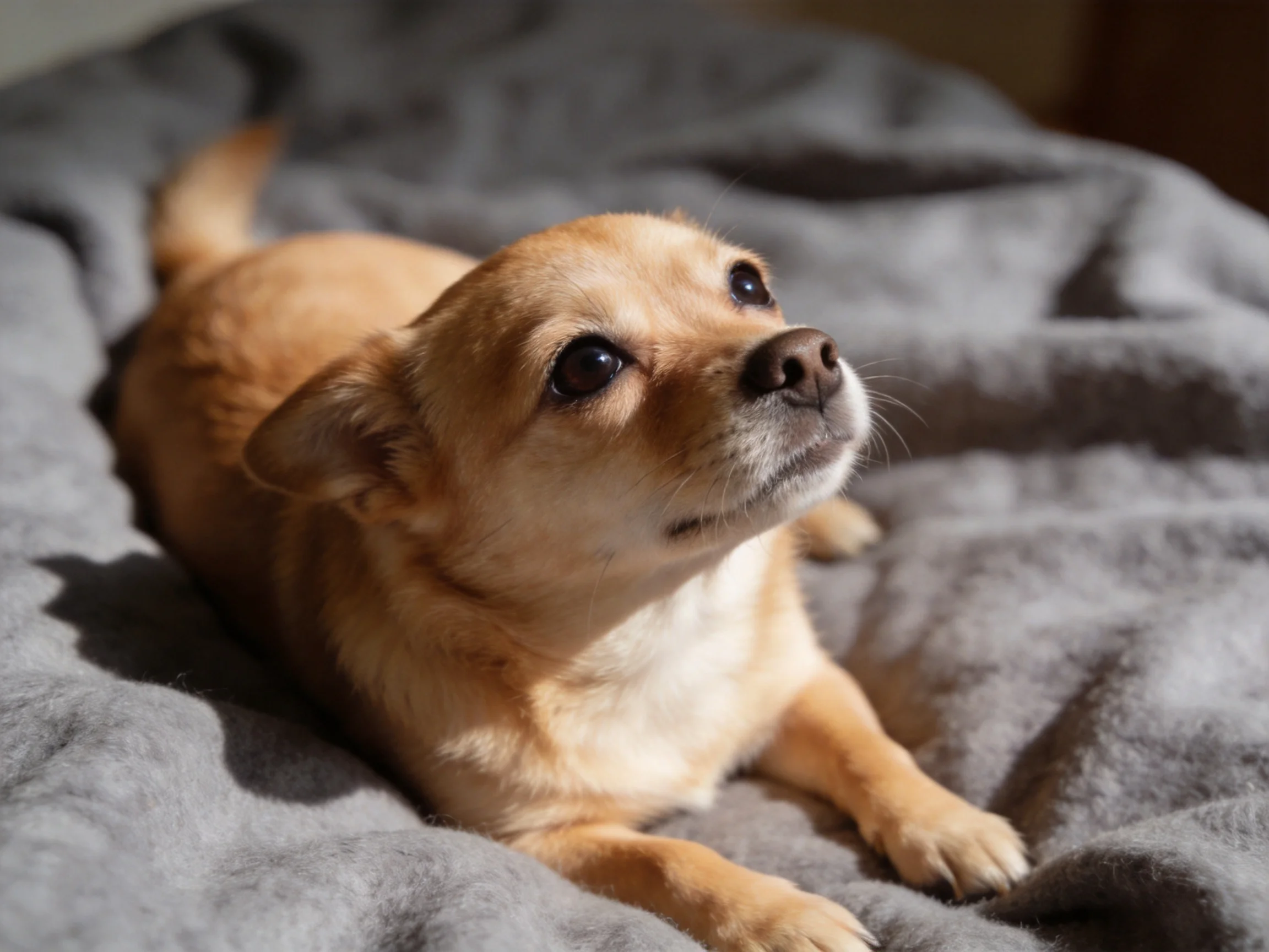 A small tan dog lies comfortably on a gray blanket in a sunlit area.