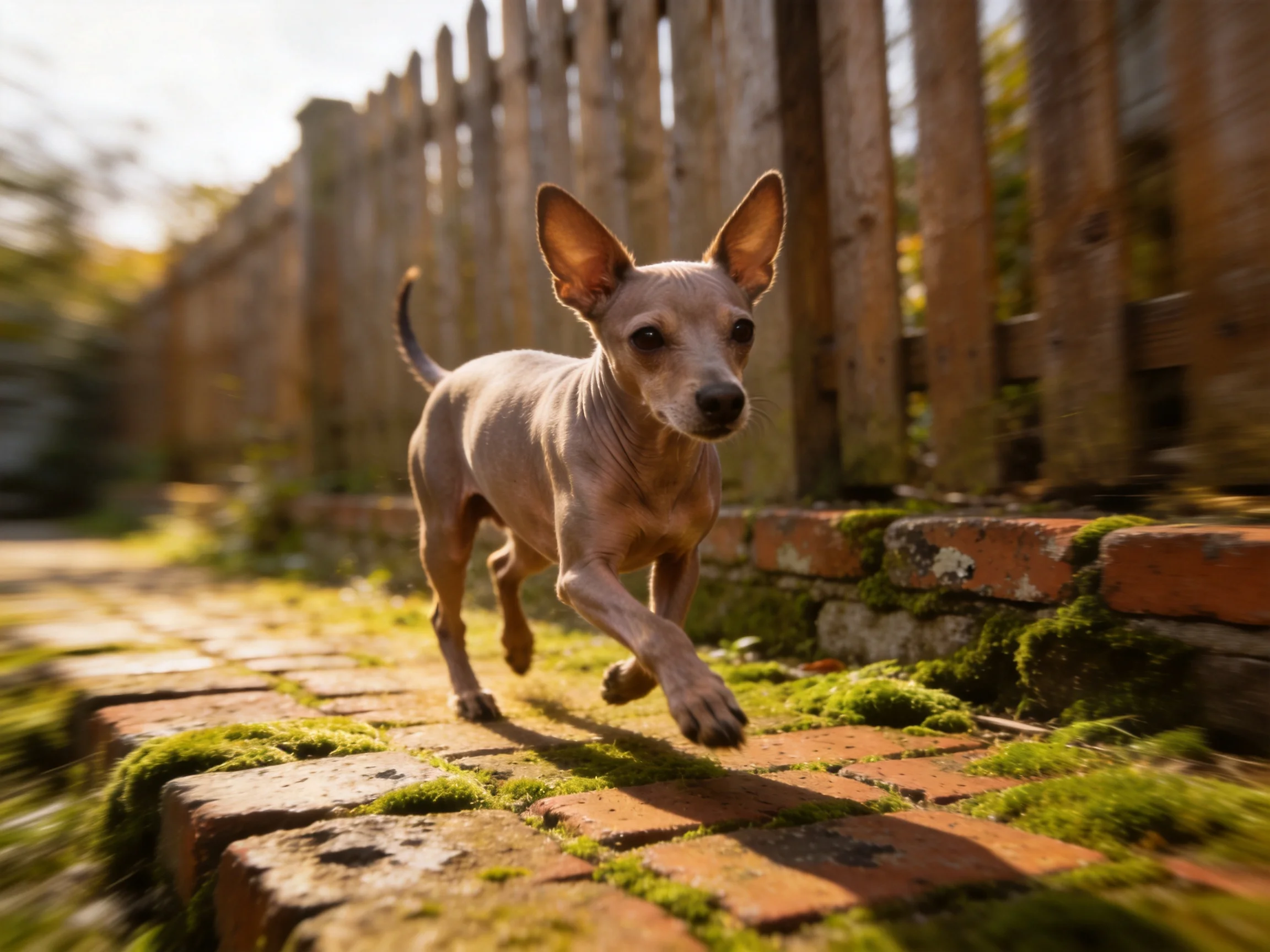 A small tan dog runs along a moss-covered brick path beside an old wooden fence
