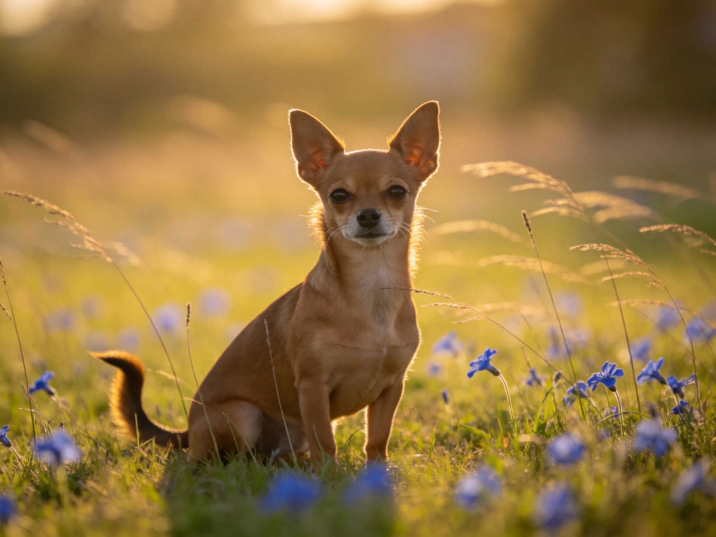A small tan dog sits amid blue wildflowers in a sunlit meadow.