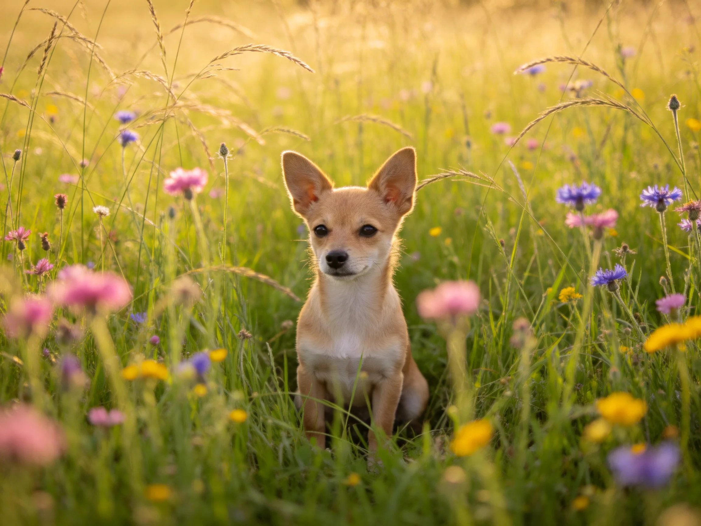 A small tan dog sits in a sunlit meadow with tall grass and flowers