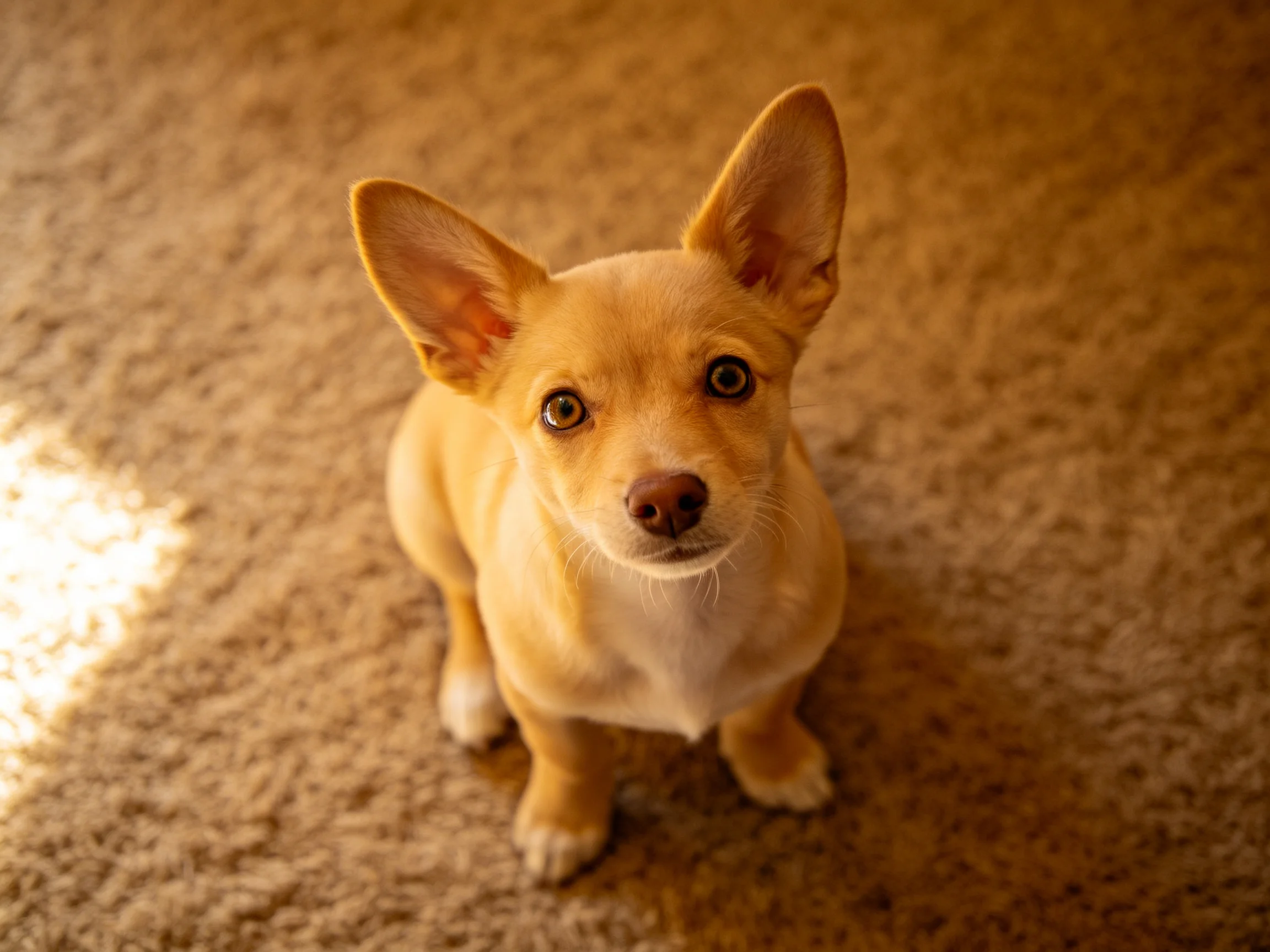 A small tan dog sits attentively on a textured brown carpet