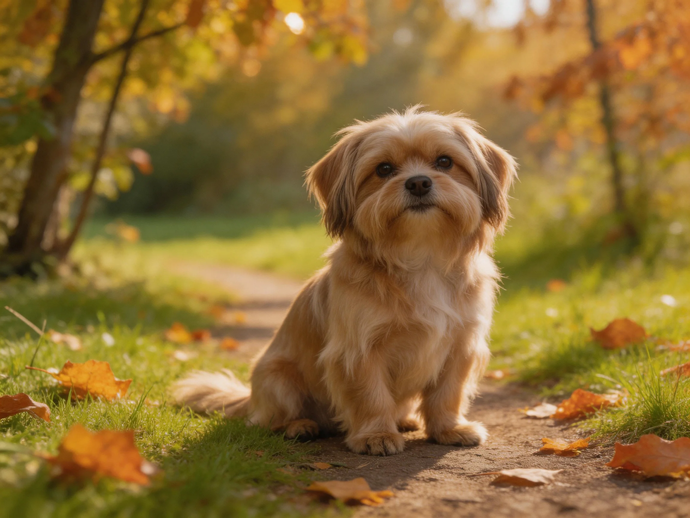 A small tan dog sits calmly on a leaf-strewn dirt path during autumn.