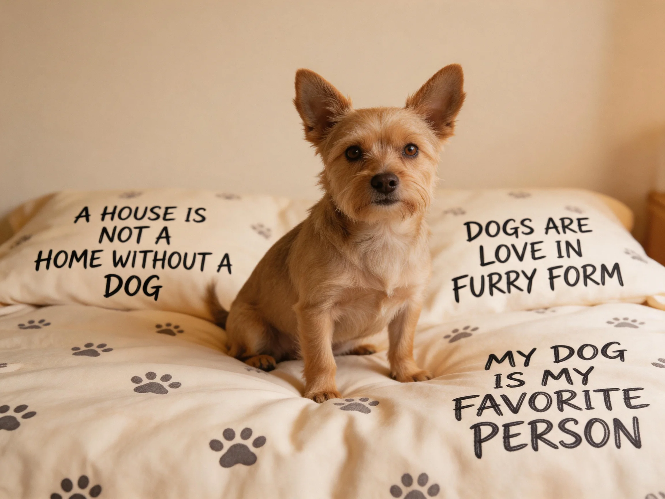 A small tan dog sits on a paw-print bed with dog-themed pillows