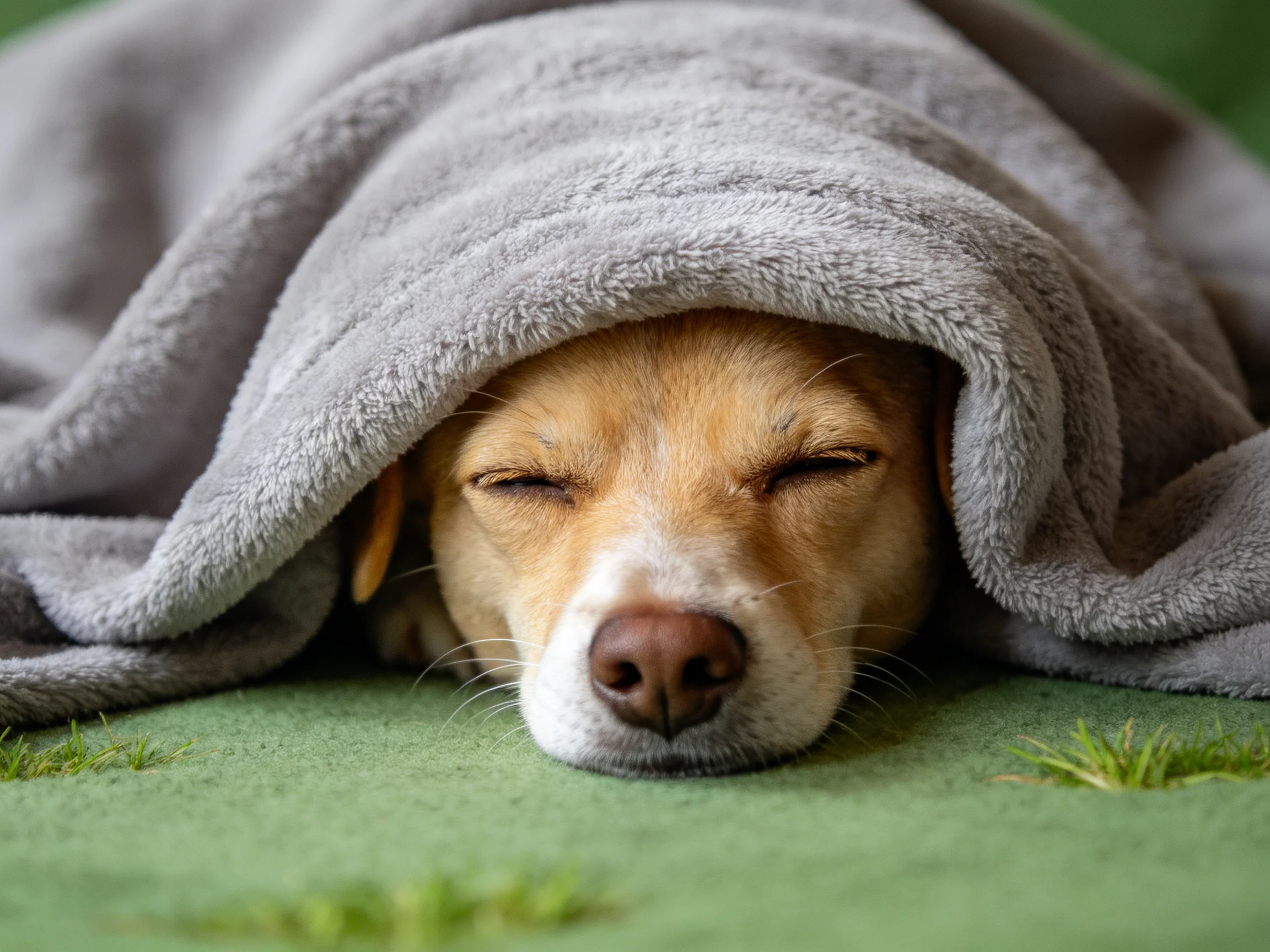 A small tan dog sleeps under a plush gray blanket on green turf