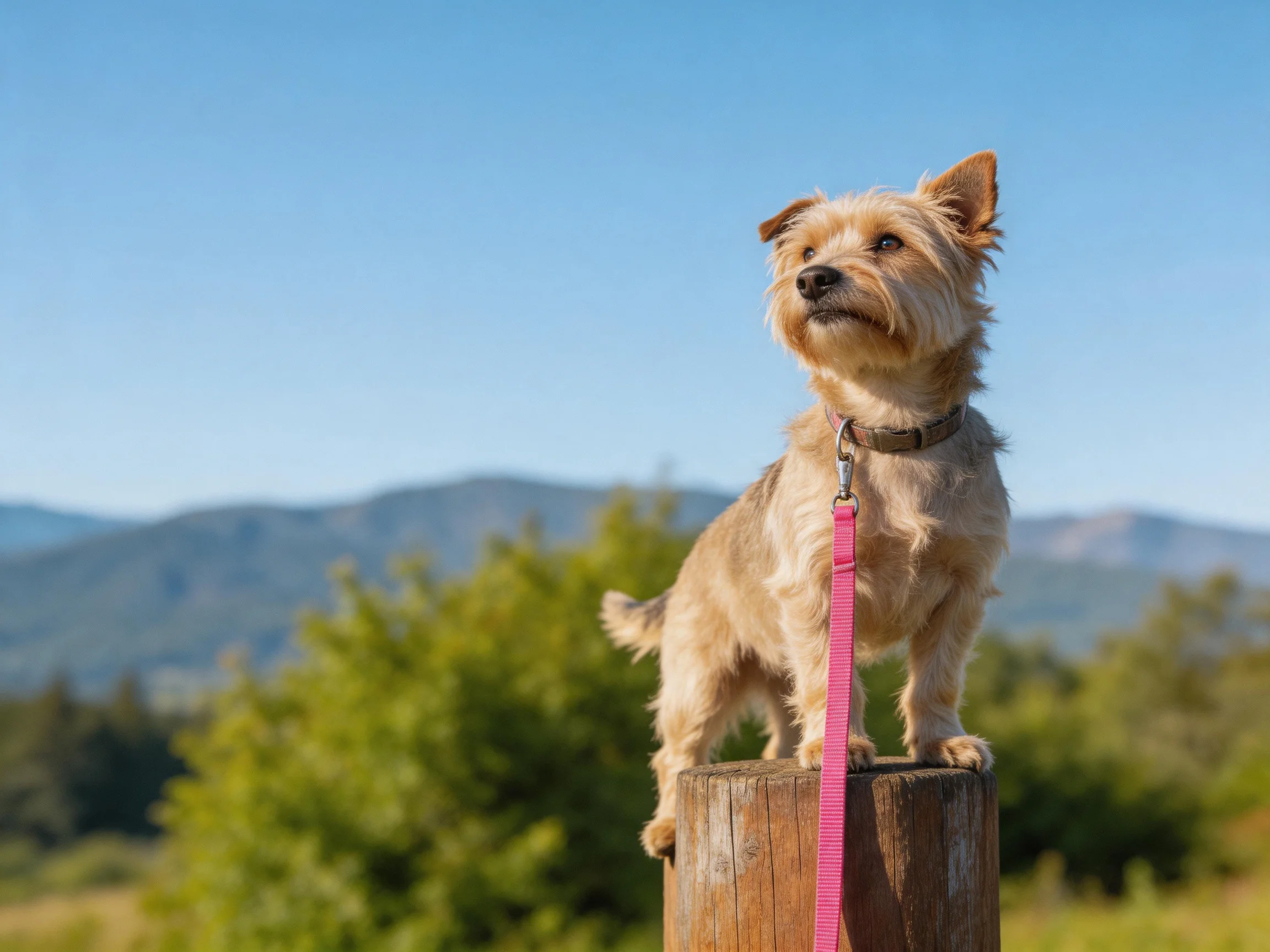 A small tan dog stands on a wooden post with a pink leash in a scenic landscape