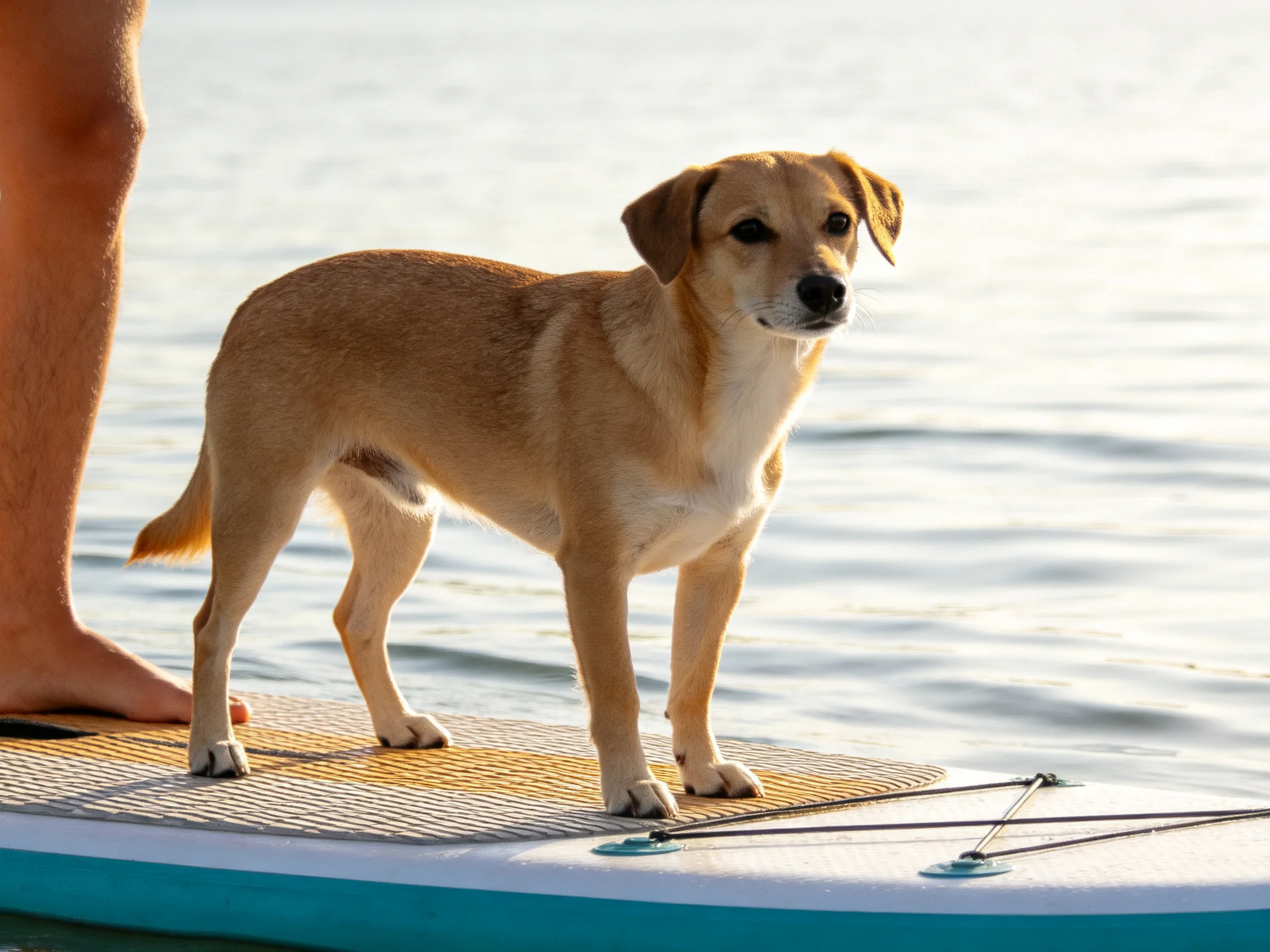 A tan dog stands on a paddleboard next to a person’s bare leg over calm water
