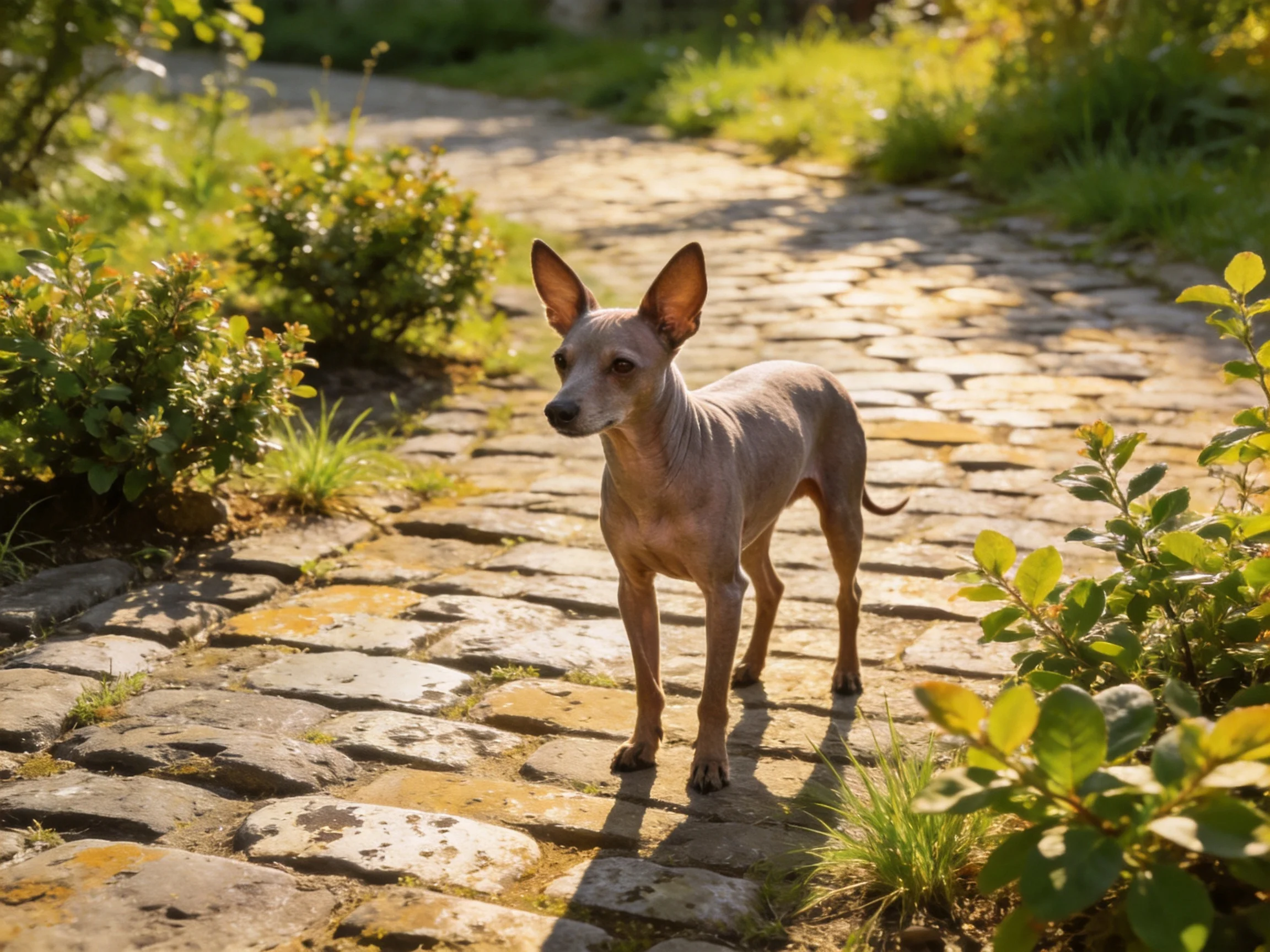 A small tan dog stands on a cobblestone path in a sunlit garden.