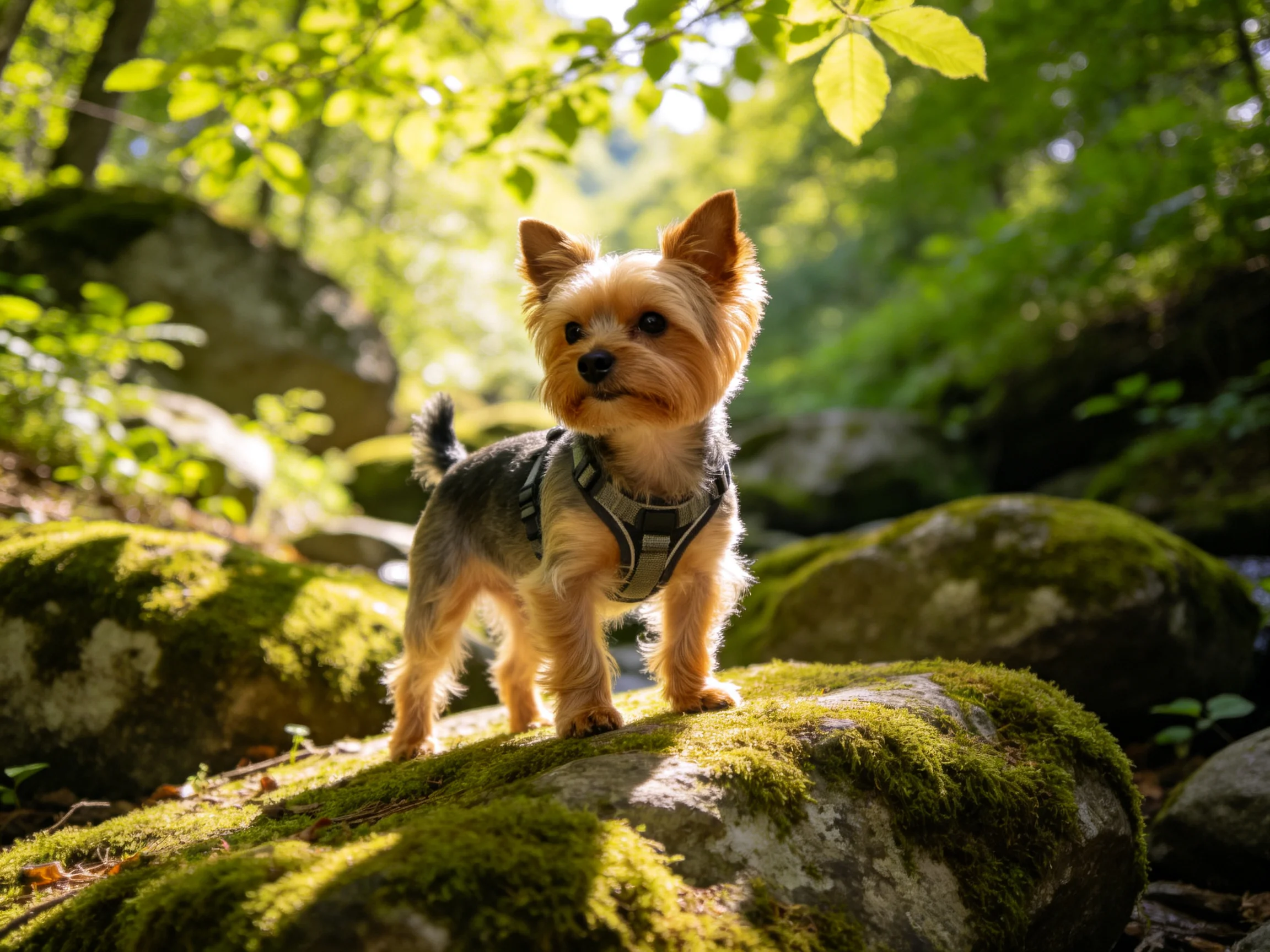 A small tan dog stands on moss-covered rocks in a sunlit forest
